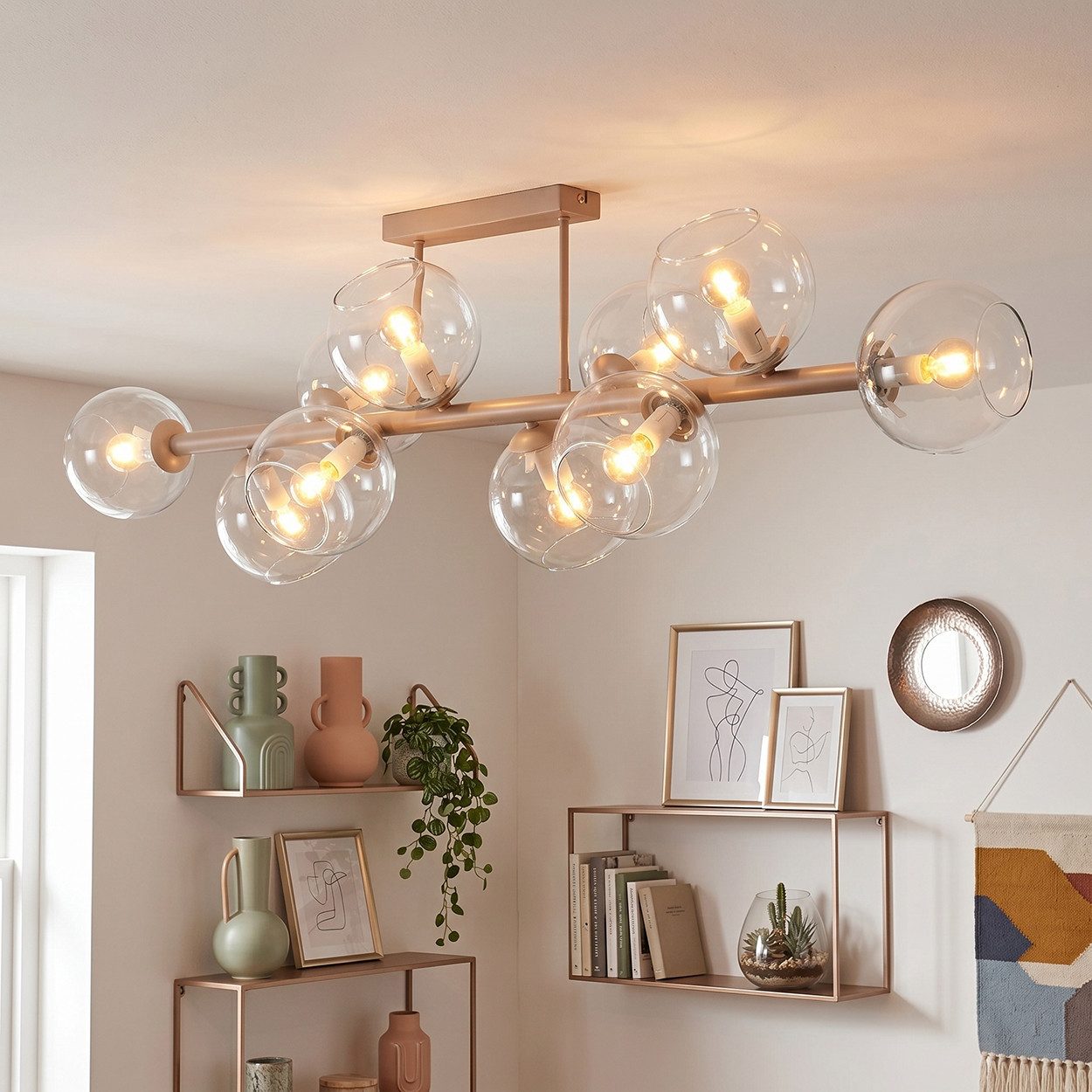 hofstein Deckenleuchte Deckenlampe aus Metall/Glas in Sandfarben/Weiß/Klar, moderne Deckenleuchte im Retro/Vintage/Boho-Design, 10 x E14