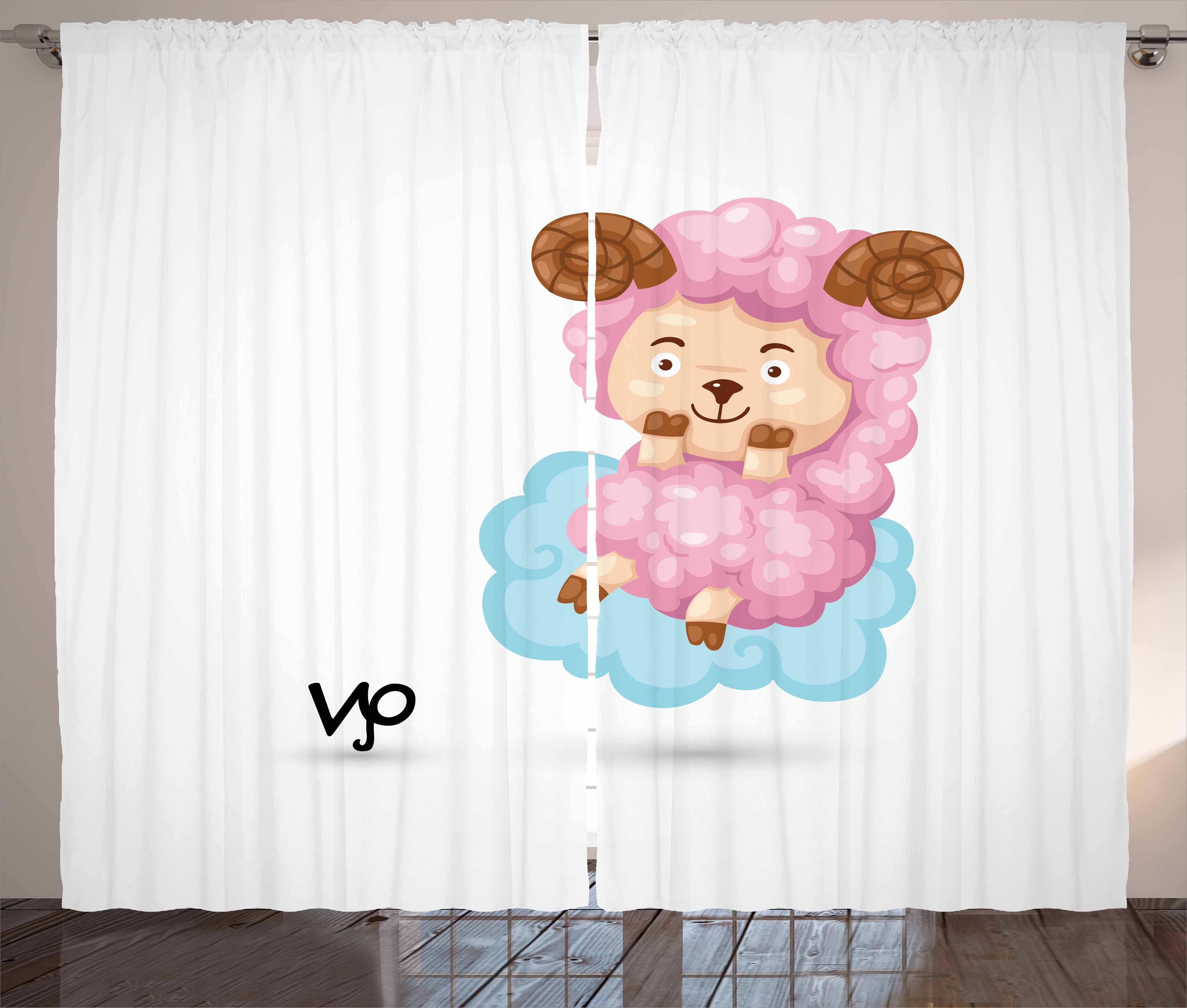 Gardine Schlafzimmer Kräuselband Vorhang mit Schlaufen und Haken, Abakuhaus, Sternzeichen Widder Cartoon-Schaf-Kinder