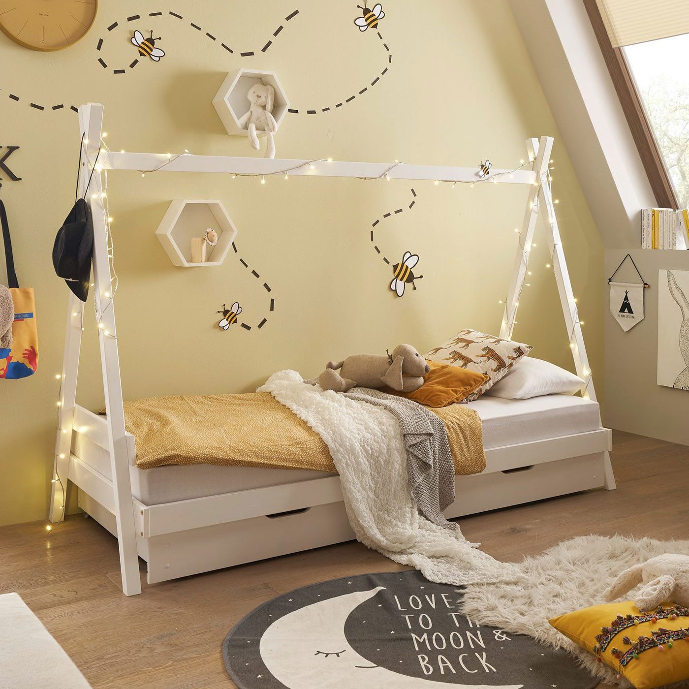 Möbel Akut Kinderbett Kinderbett Sora mit Bettkästen Kiefer massiv weiß Liegefläche 90x200cm