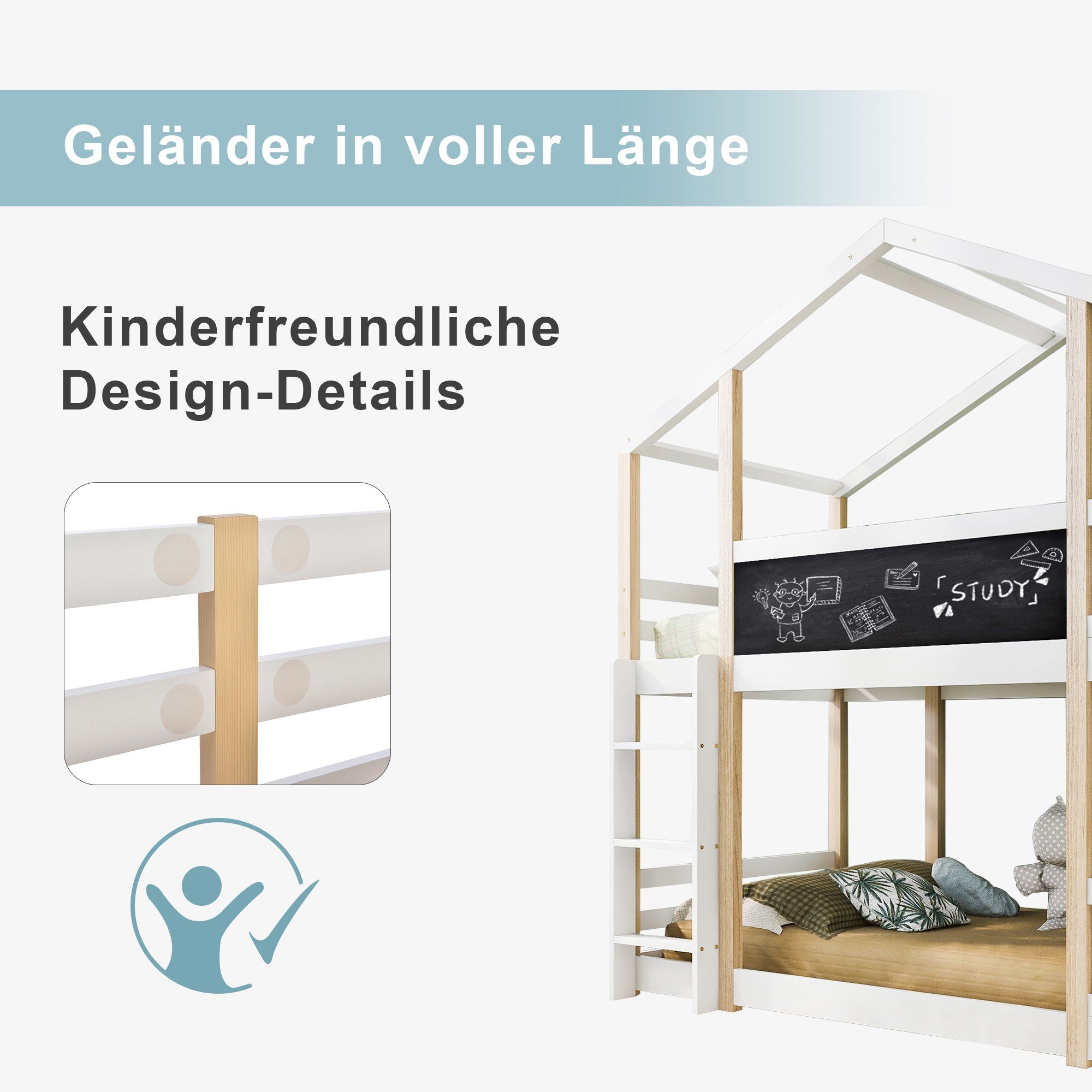 Etagenbett (Kinderbett), Hochbett mit Rausfallschutz, Trittleiter und Lattenrost, 90x200cm