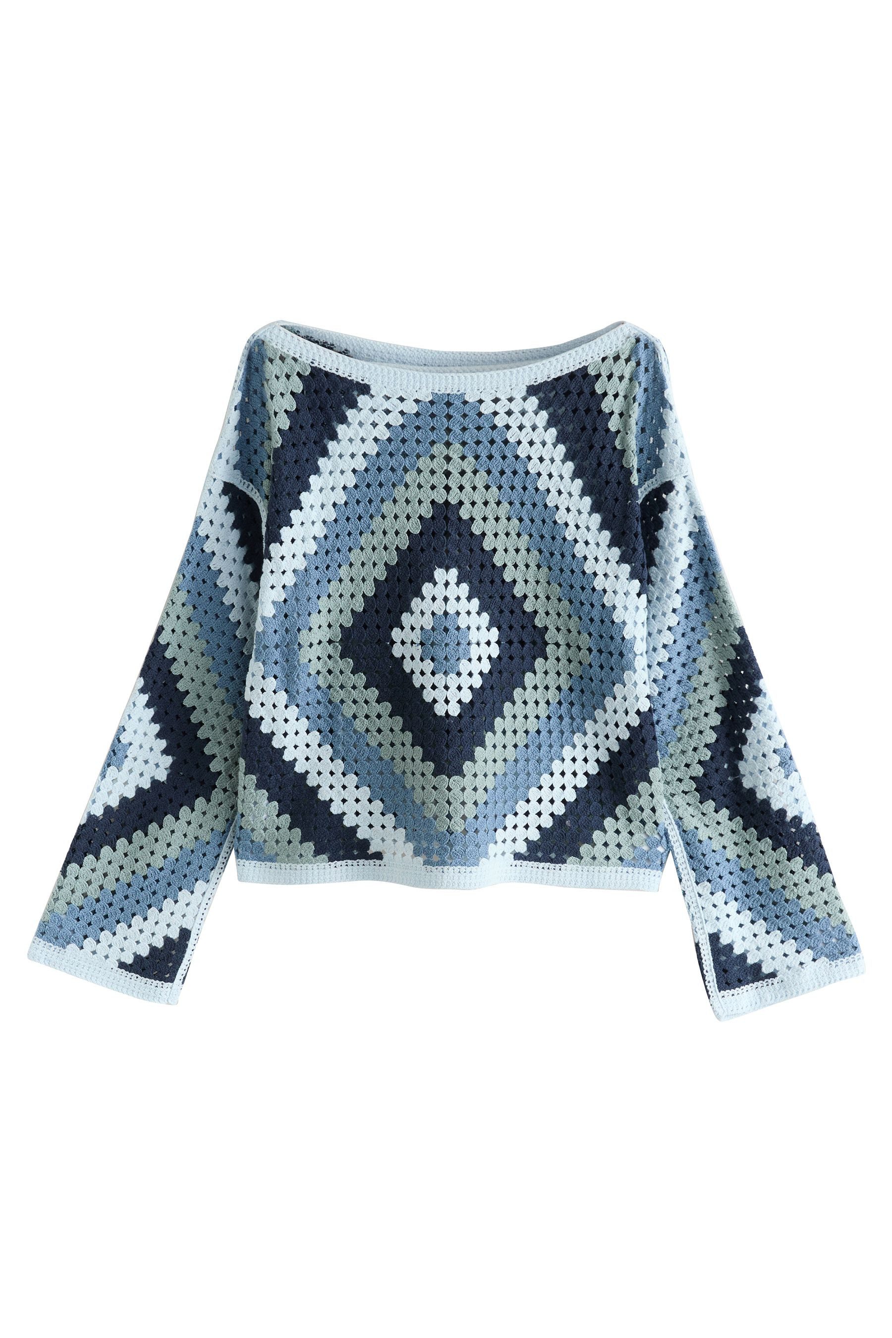 Strickpullover Baumwoll-Häkelpullover mit offenem Ausschnitt
