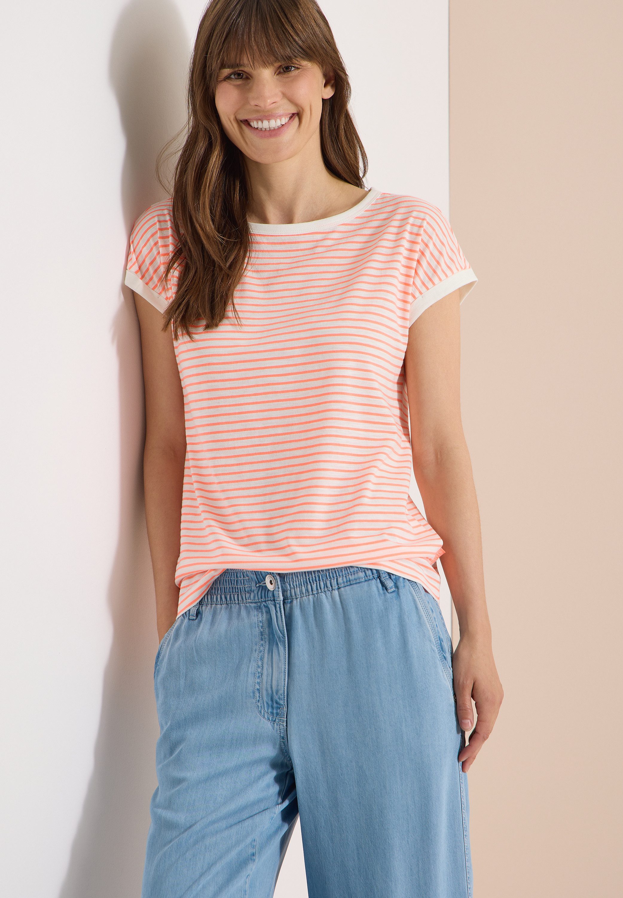 CECIL T-Shirt lässiger Streifenlook, Rundhals, softer Materialmix