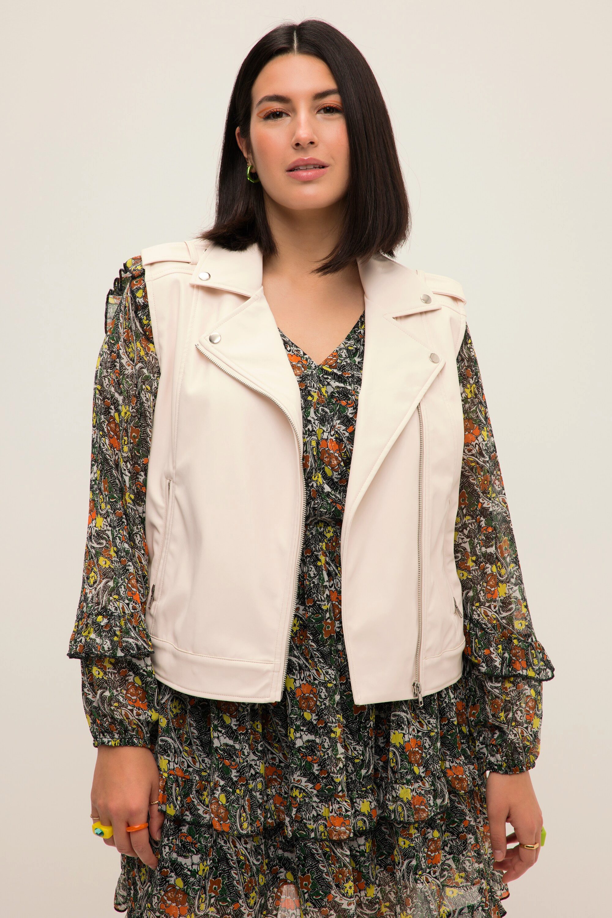 Studio Untold Steppweste Biker Weste Loose Fit Revers Zipper Lederoptik