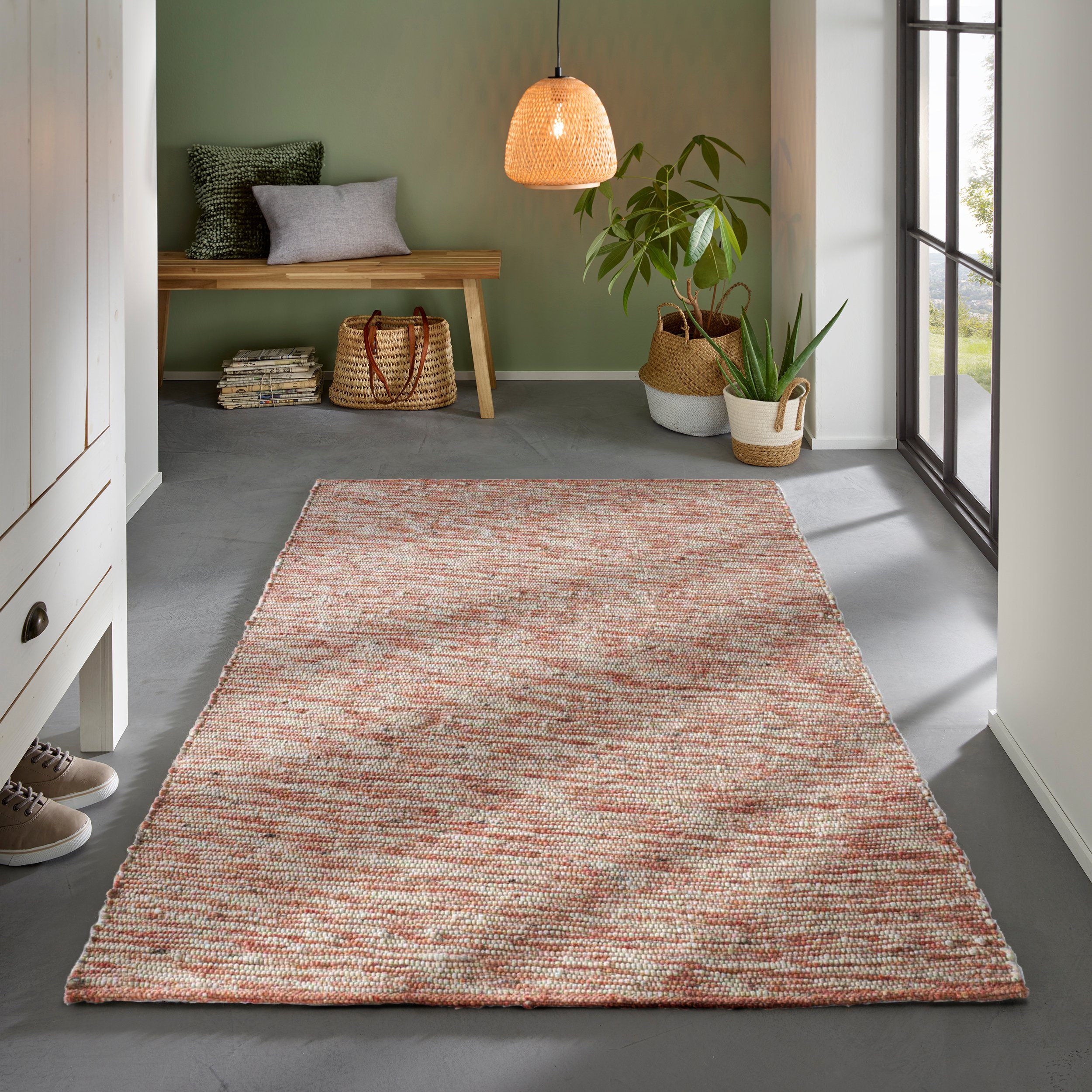 TaCa Home Wollteppich Gewalkter Handweb Woll-Teppich mit zweifarbigem DUO Schuss, rechteckig, Höhe: 9 mm, nachhaltige Schurwolle Wohnzimmer Schlafzimmer, Rot - 70 x 130 cm