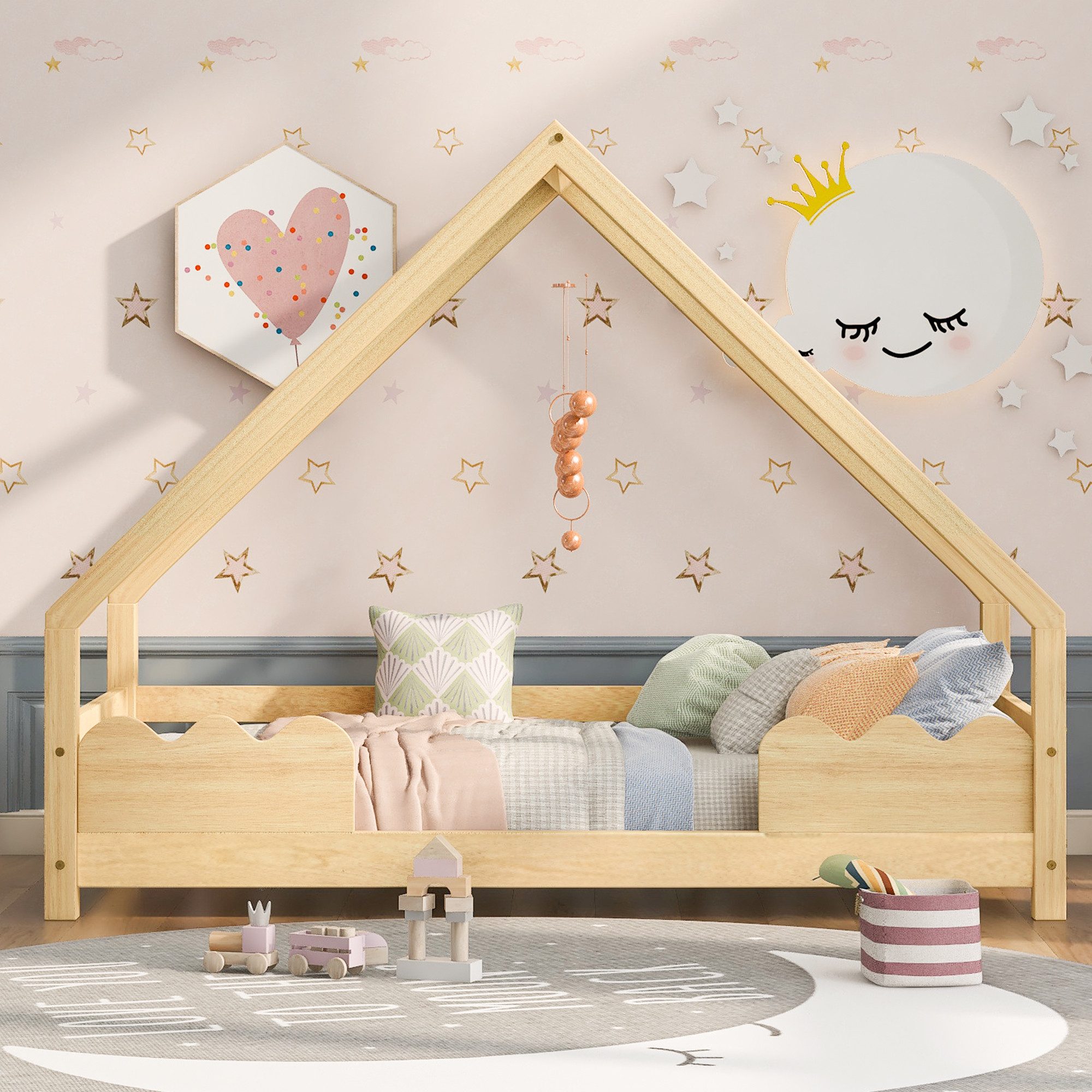 Flieks Kinderbett, Hausbett Kiefernholz Jugendbett 90x200cm günstig online kaufen