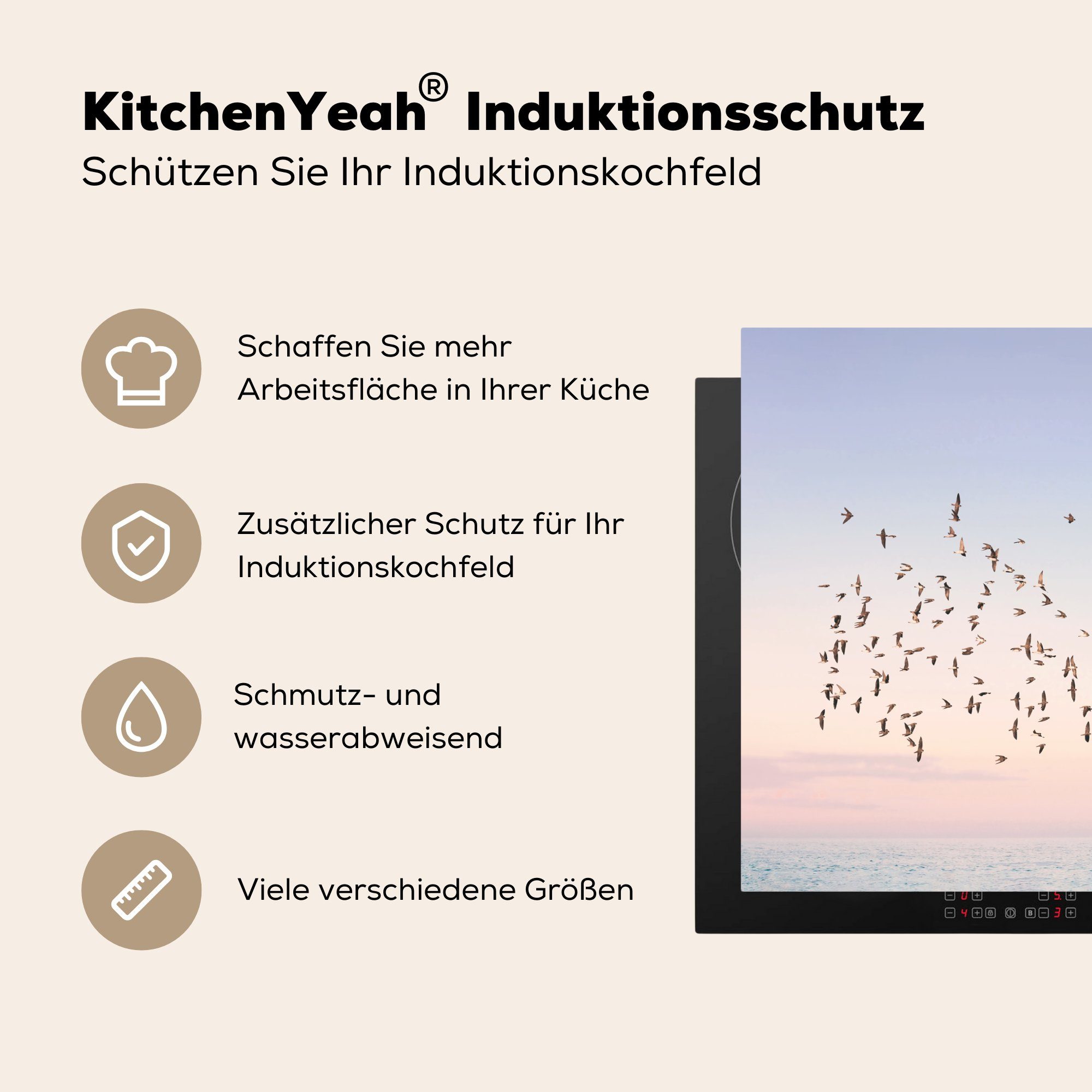 - Meer - Vinyl, Himmel (1 Mobile Natur Ceranfeldabdeckung cm, - tlg), 60x52 nutzbar, Arbeitsfläche Herdblende-/Abdeckplatte Sommer, - MuchoWow Vögel