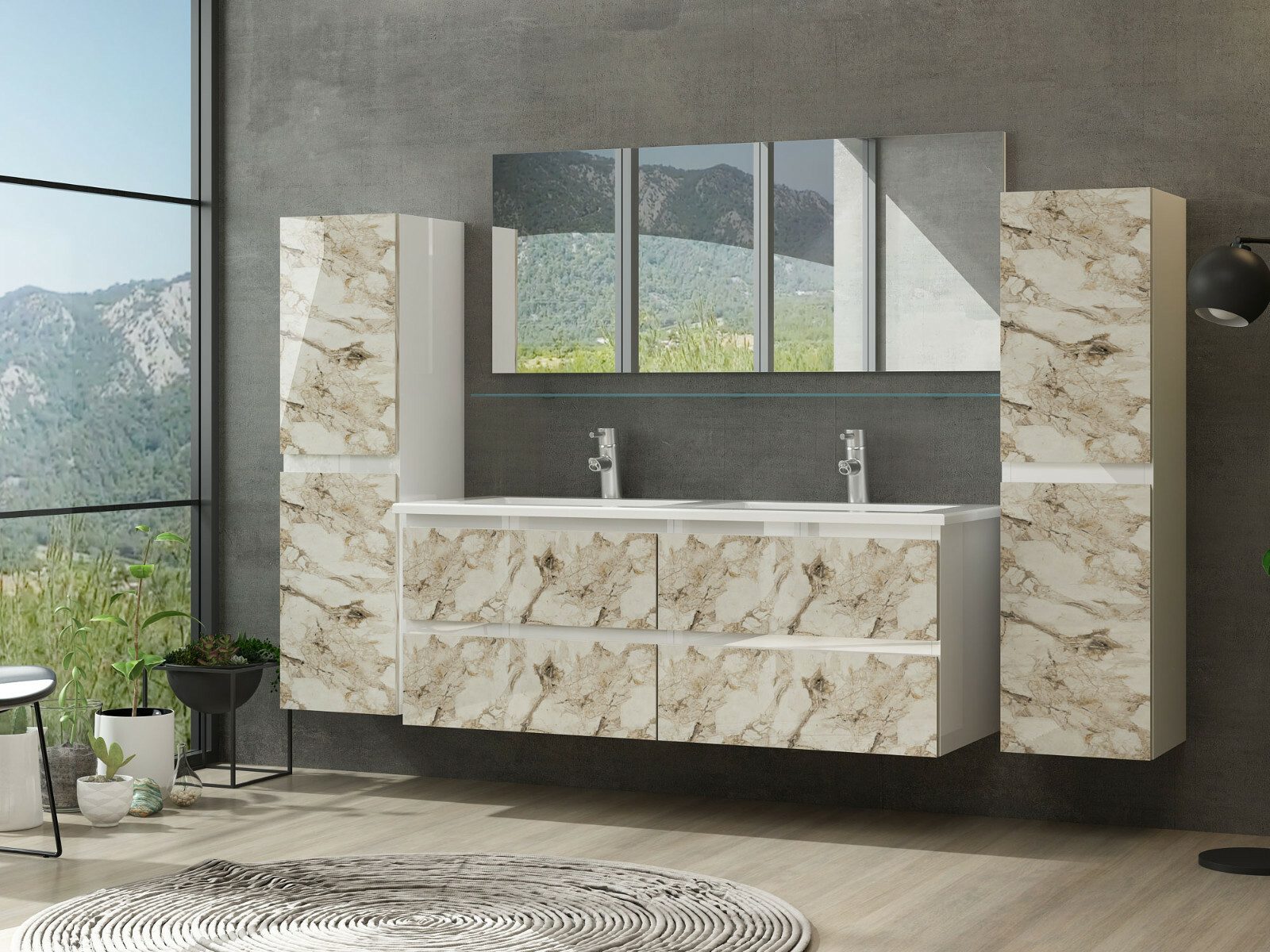 Homeline Badmöbel-Set Doppel Waschbecken Diana New in 3 Größen badmöbel Set Badezimmer Möbel, (Komplettes Badmöbel Set, 6-St., Badmöbel Weiß/Mamor Optik Hochglanz 6 Teilig Badezimmermöbel), Hochglanz Optik Mit 2 Schubladen