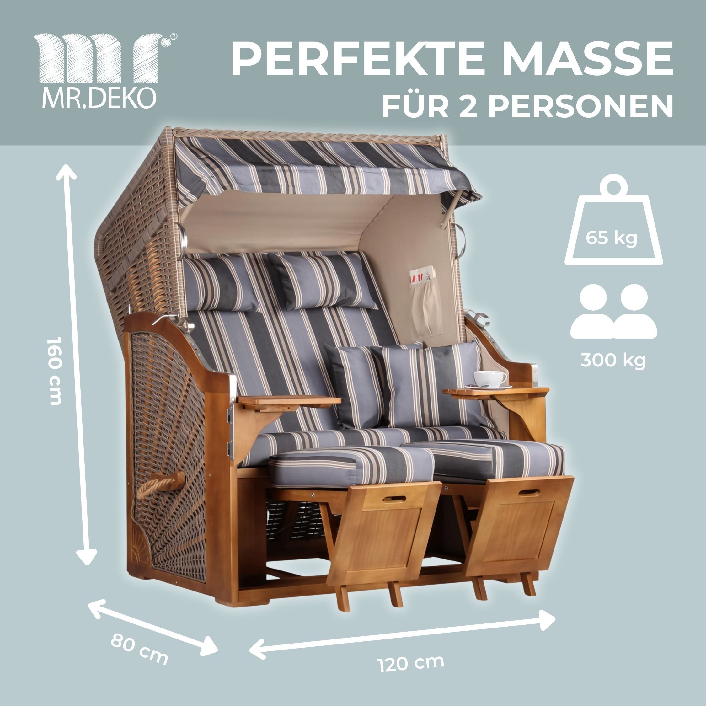 MR.DEKO Strandkorb 2-Sitzer Schleswig Pinie Braun PE Mokka, aufgebaut geliefert, BxTxH: 120x80x160 cm, 2-Sitzer, Schleswig, (Zweisitzer Strandkorb mit Bistrotischen & Fußstützen), Bereits montiert, UV-beständig, Volllieger & Edelstahl-Beschläge