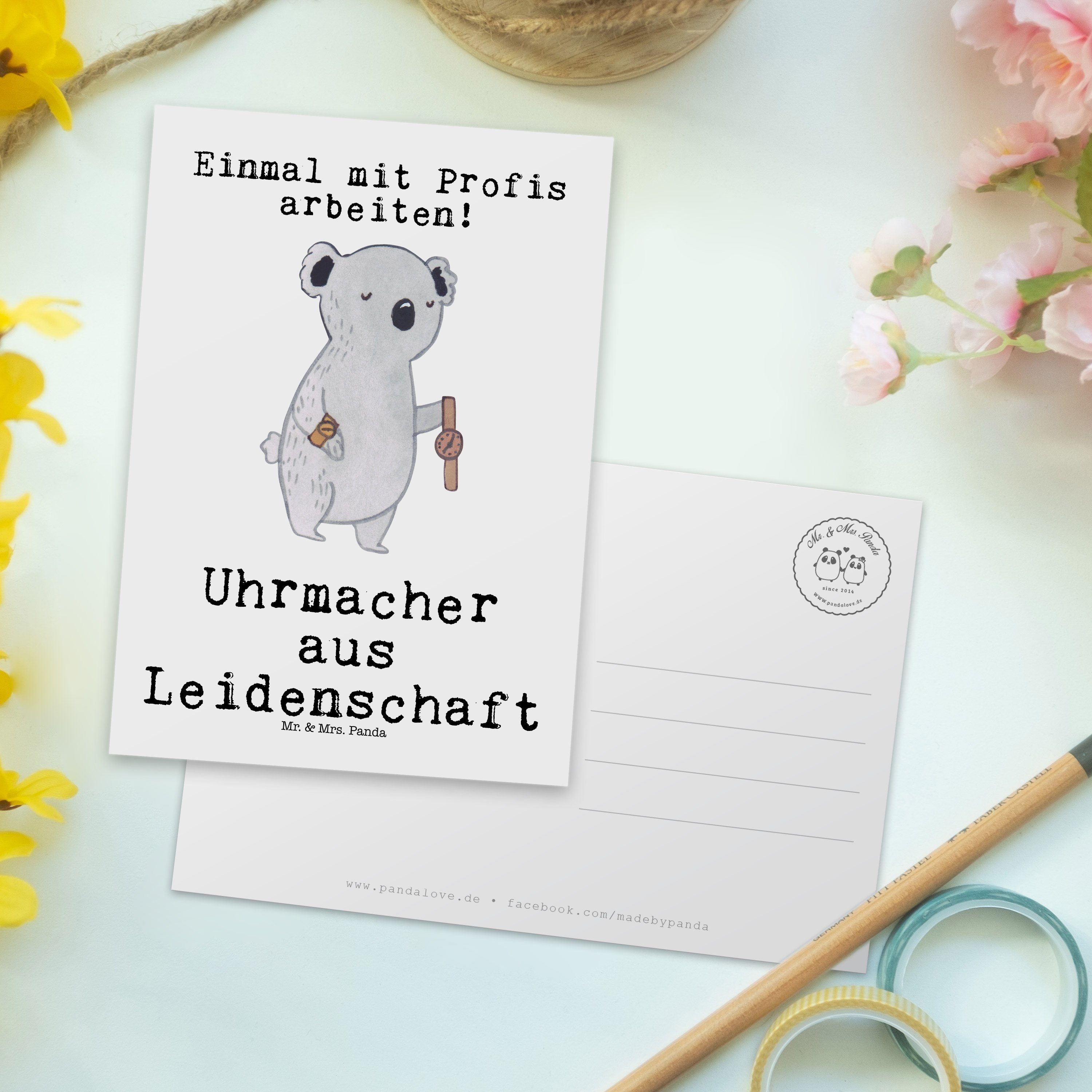 Mr. & Mrs. Panda Postkarte Karte, Geschenk, Beruf - Uhrmacher Weiß - Leidenschaft Schenken, aus