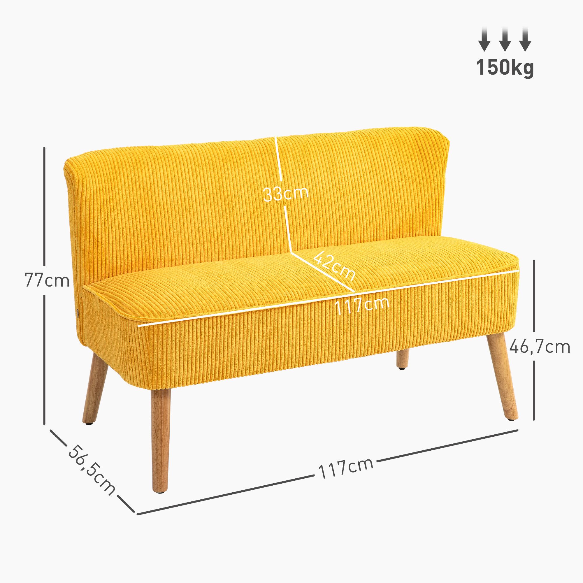 HOMCOM 2-Sitzer Sofa Loveseat mit Leinen-Optik für Schlafzimmer 117x56,5x77cm, Zweisitzer Sofa 1 Teile, für Wohnzimmer, Schlafzimmer 117 x 56,5 x 77 cm Gelb