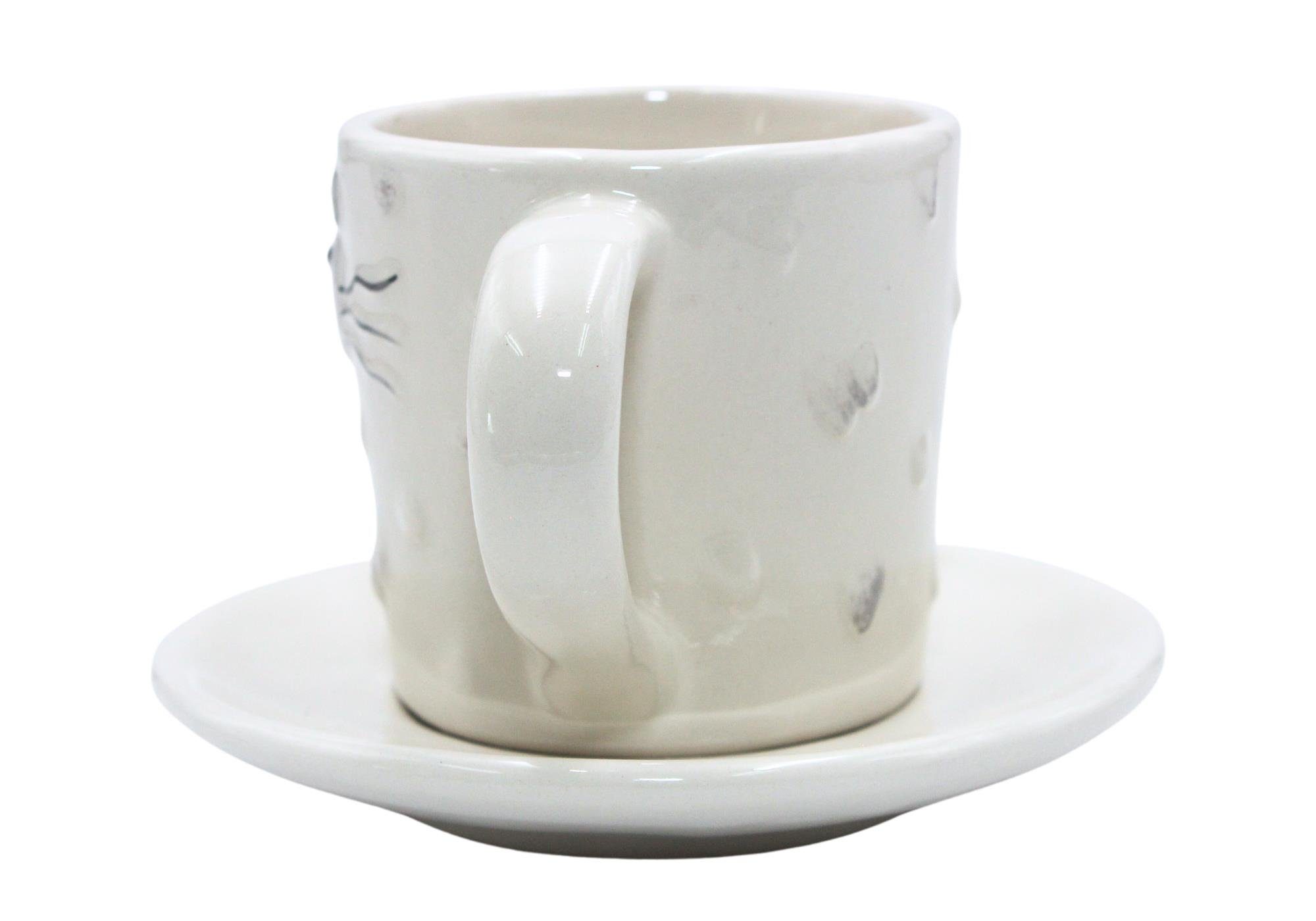 Tasse Katzengesicht, Dekohelden24 Tasse Untertasse/Teller mit mit Kaffeebecher, Porzellan Porzellan