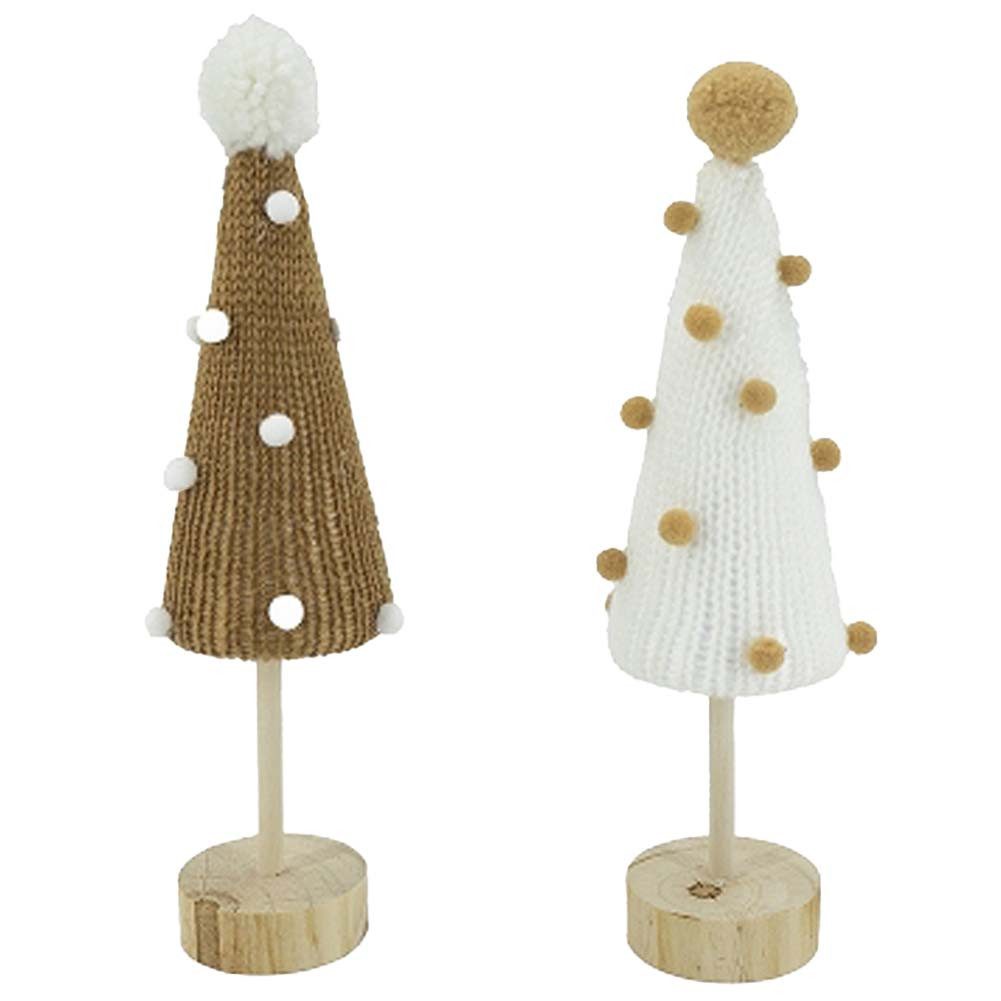 NOOR LIVING Dekoobjekt Weihnachtsbaum Deko Tannenbaum 2er Set (Weihnachts Deko Tischdeko, Christbaum), in Strickoptik mit Pompoms dekoriert