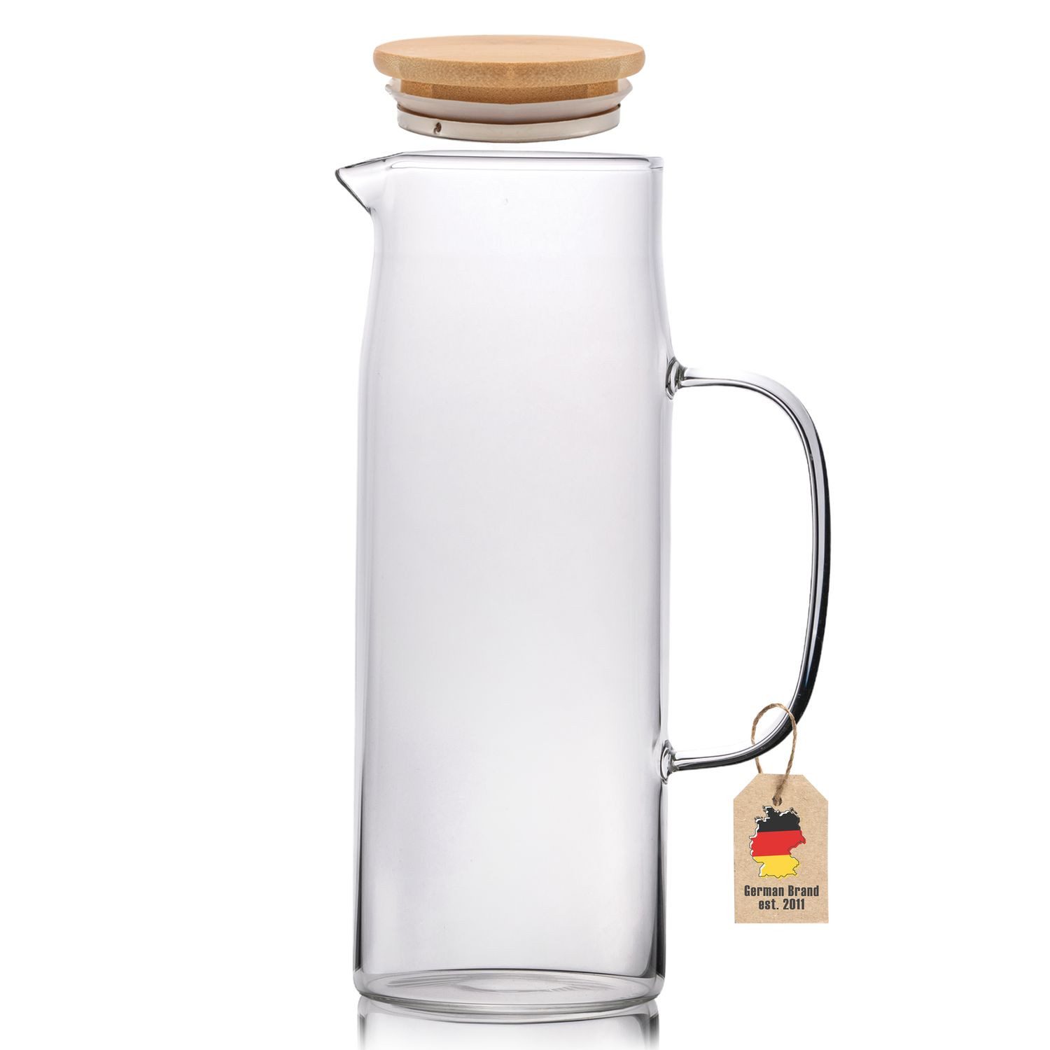 Intirilife Karaffe, (Karaffe aus Borosilikatglas mit Henkel und Holz Deckel, Karaffe aus Borosilikatglas mit Henkel und Holz Deckel), Glas Krug mit Bambusdeckel in KLAR - 1,3l
