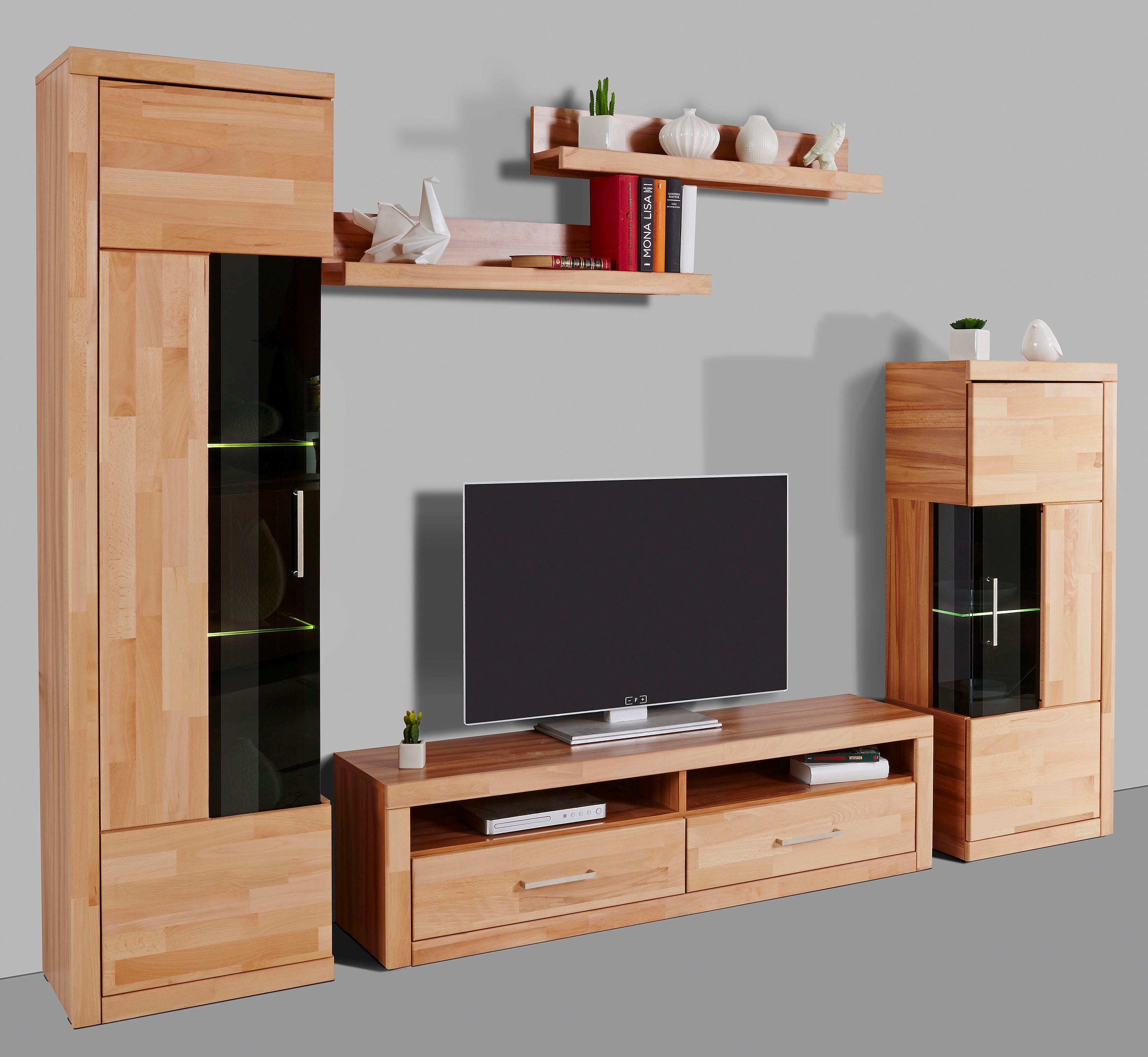 Home affaire Wohnwand Ribe Wohnwand Set-5 St., (Set, 5-St), Glaseinsatz aus gehärtetem Glas,Böden teilweise versetzbar