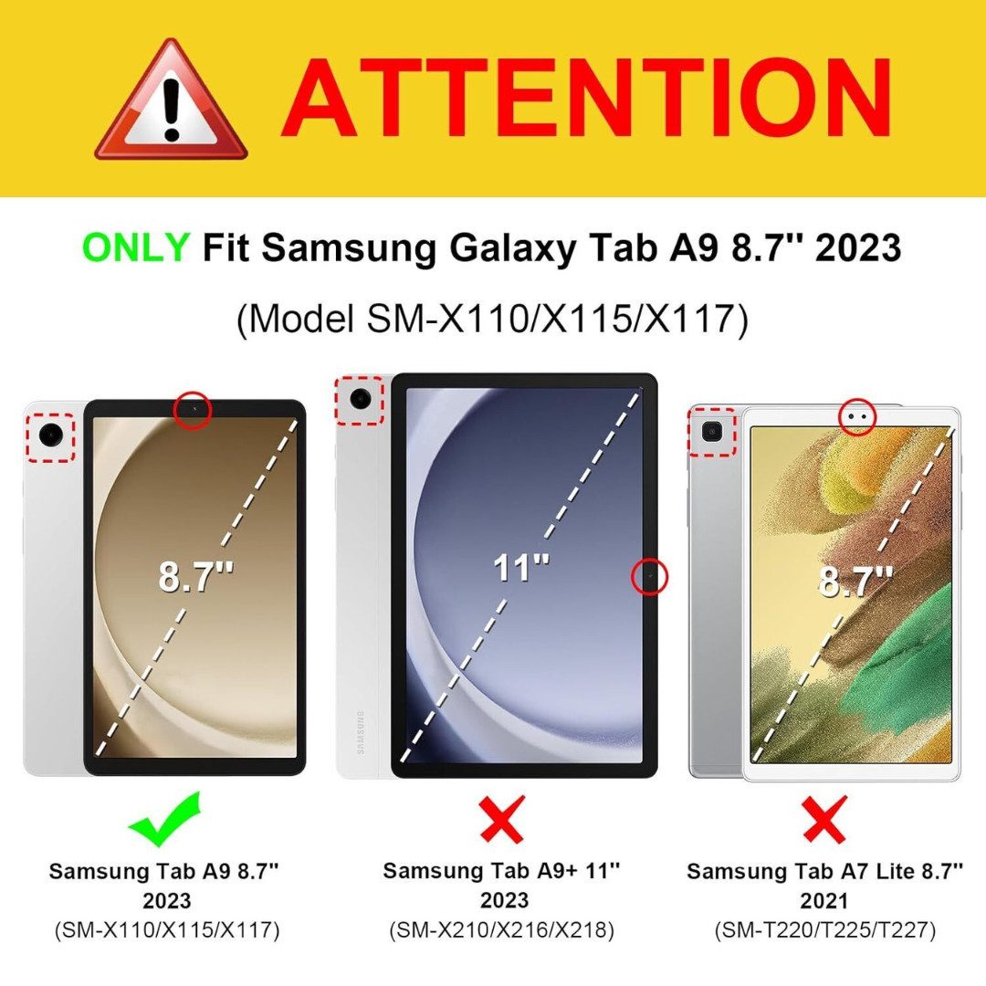 SmartUP Tablet-Hülle für Samsung Galaxy Tab A9 Klapphülle Tasche Case Cover Schutzglas 9H 8,7 Zoll, integrierte Standfunktion, integrierter Magnetverschluss – Bild 2 von 5