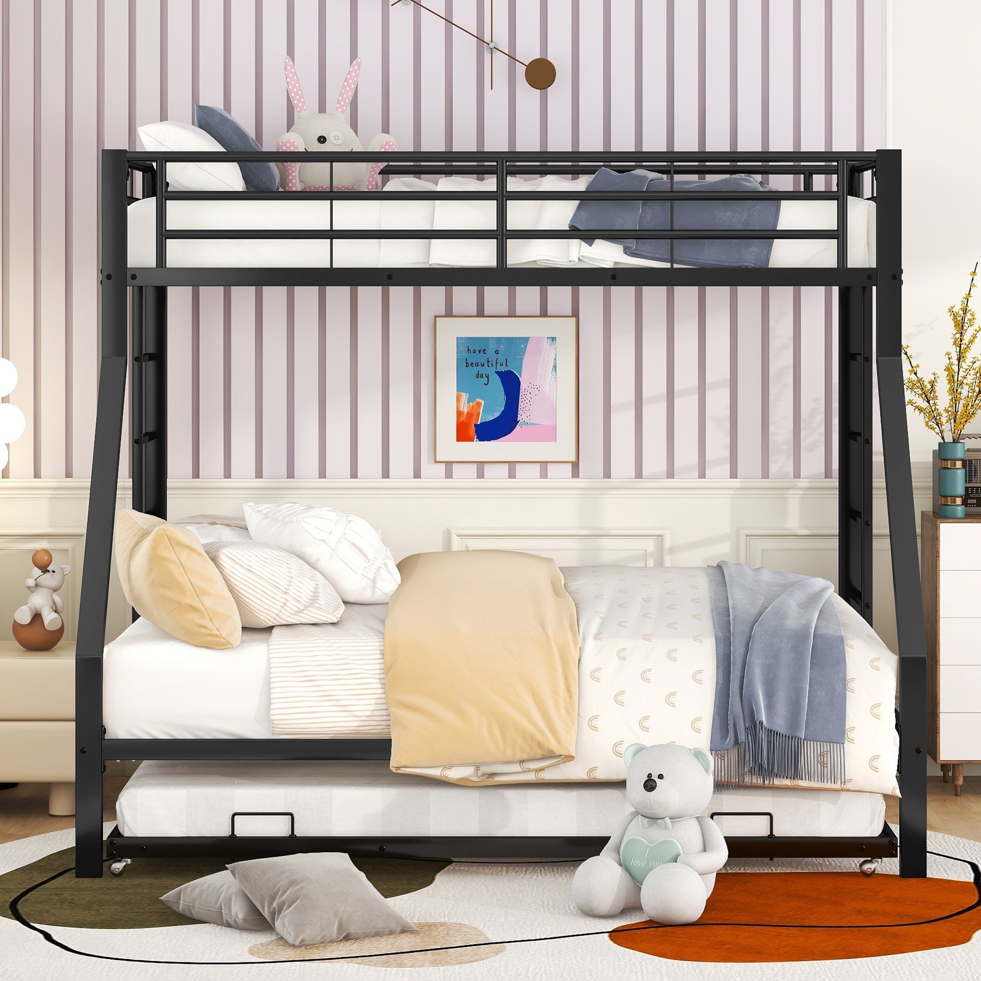 Ulife Etagenbett Metallbett mit ausziehbarem Bett,einfach zu montieren, mit Leiter auf beiden Seiten,90(140)x200cm Schwarz