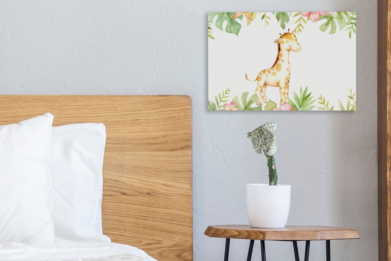 Aquarell, Wanddeko, Dschungel (1 St), Wandbild Leinwandbilder, Giraffe Blumen OneMillionCanvasses® Leinwandbild - Aufhängefertig, - - 30x20 cm