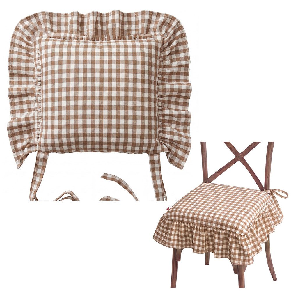 Zyronn Sitzkissen Stuhlkissen mit Volant und Bindebändern, kariert, 45×45 cm Landhaus Stuhlauflage für Esszimmer und Küche, Sitzpolster