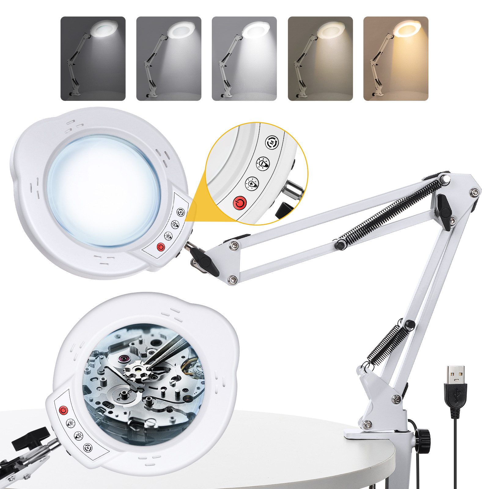 QUBEBU Lupenlampe Lupenleuchte 10X Lupenlampe Schreibtischlampe Lupe mit Licht Ständer, 1 Kits, Dimmbar in 5 Farben, verstellbarer Standfuß, 360° schwenkbar., für Arbeit, Lesen, Hobbys, Nähen, Basteln, Juweliere, Modellbau