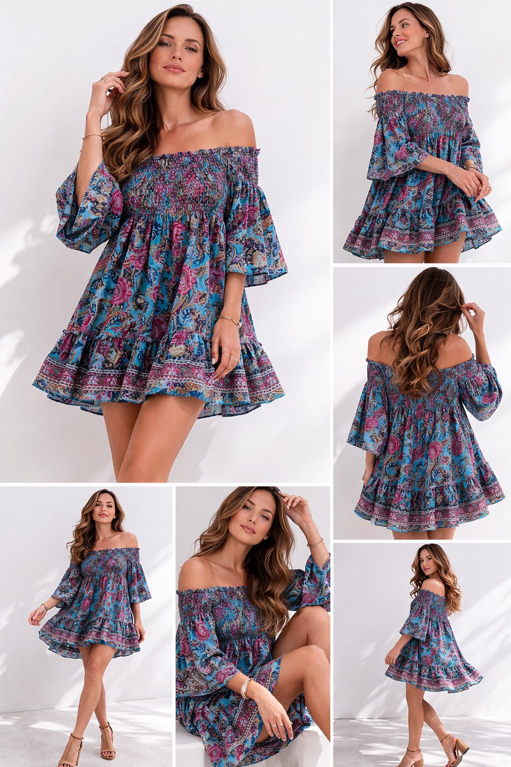 YC Fashion & Style Minikleid Off-Shoulder Kleid – Boho-Flair One Size (34-38) mit Alloverdruck