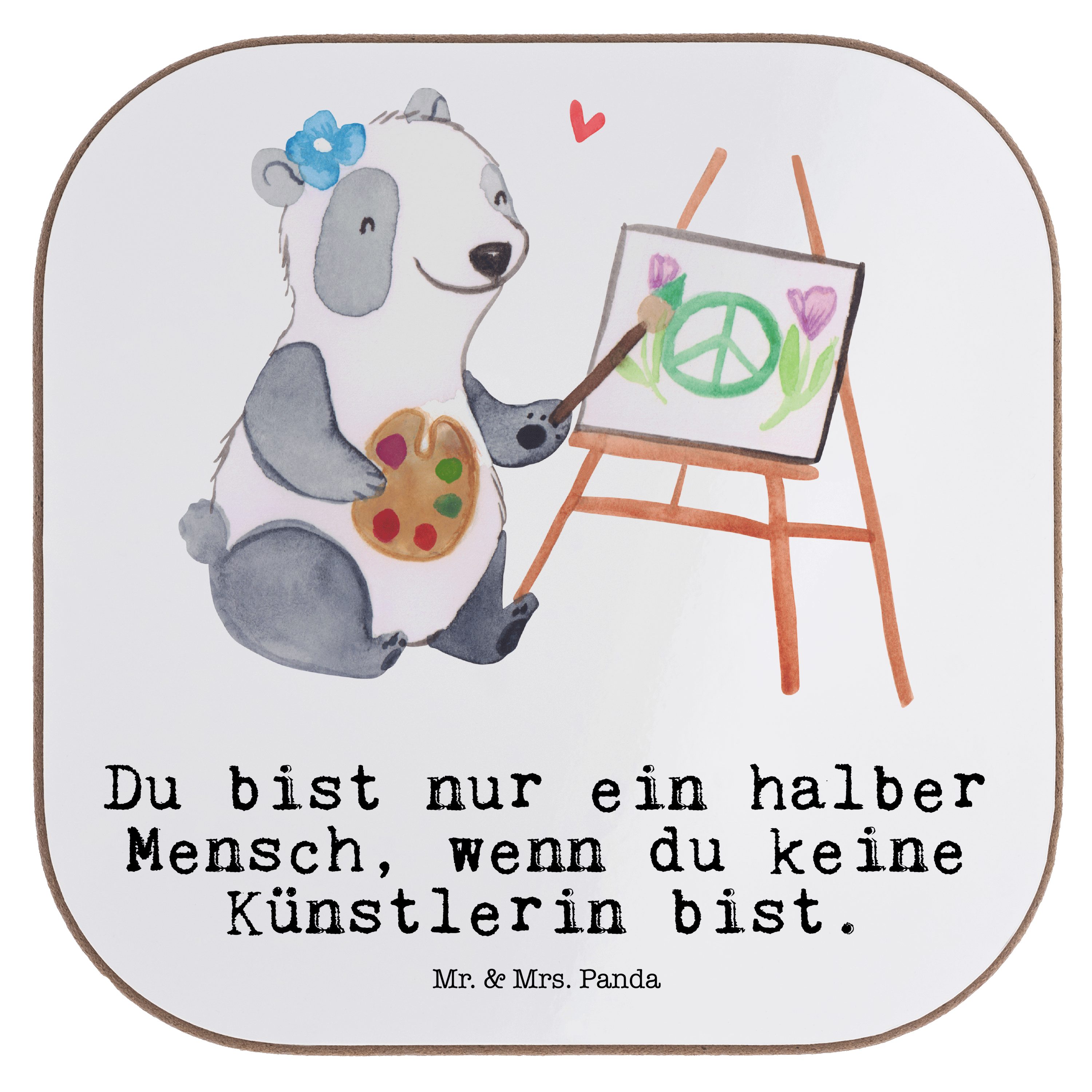 Mr. & Mrs. Panda Getränkeuntersetzer Künstlerin mit Herz - Weiß - Geschenk, Malerin, Galerie Eröffnung, Gl, 1-tlg.