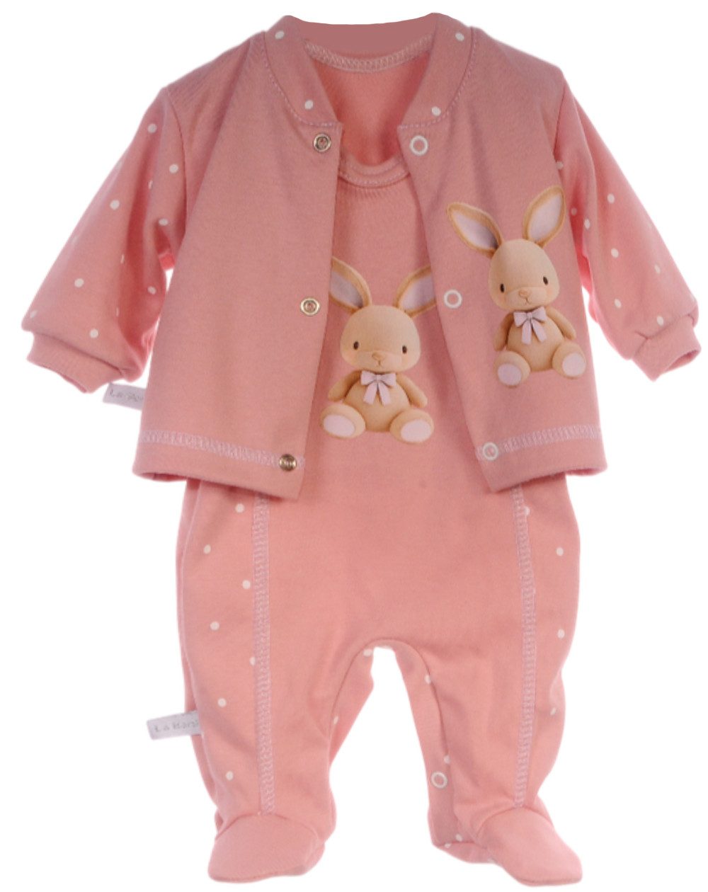 La Bortini Strampler Strampler und Hemdchen Set Anzug in Puderrosa mit Hasen aus reiner Baumwolle, 44 50 56 62 68 74