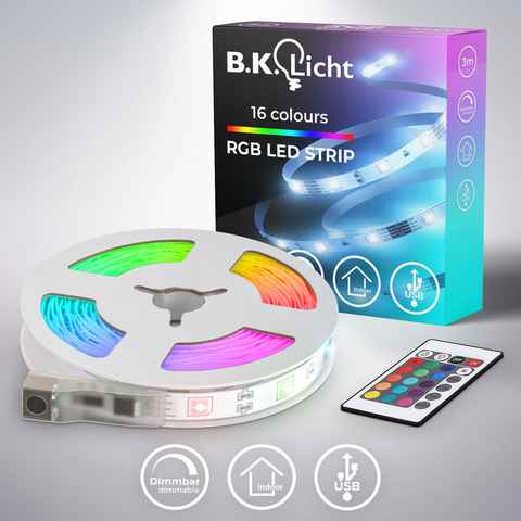 B.K.Licht LED Stripe USB LED Strip, 3 m, mit Farbwechsel, 90-flammig, Lichtleiste, mit Fernbedienung, selbstklebend