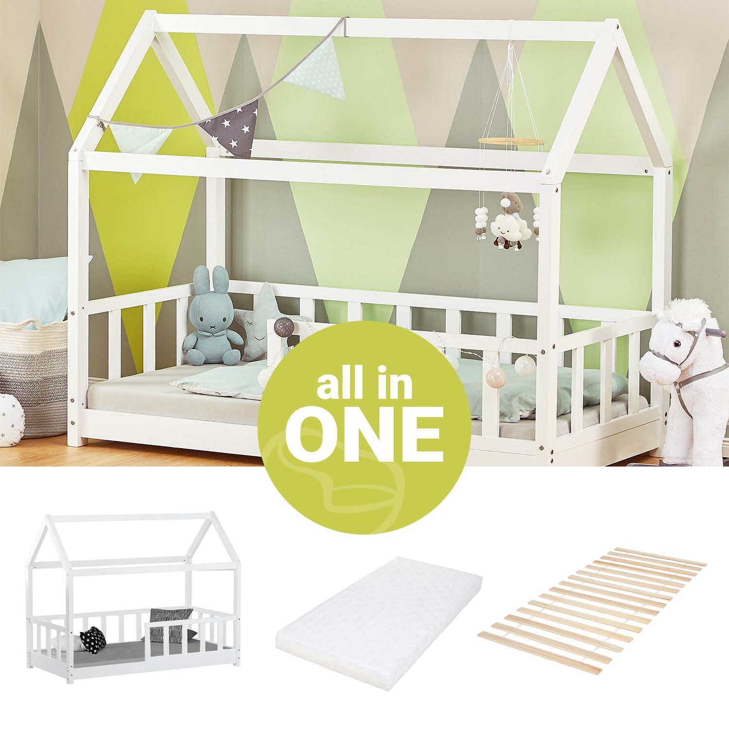 Homestyle4u Hausbett 80x160 cm Kinderbett Bodenbett Holzbett Weiß Kleinkind günstig online kaufen