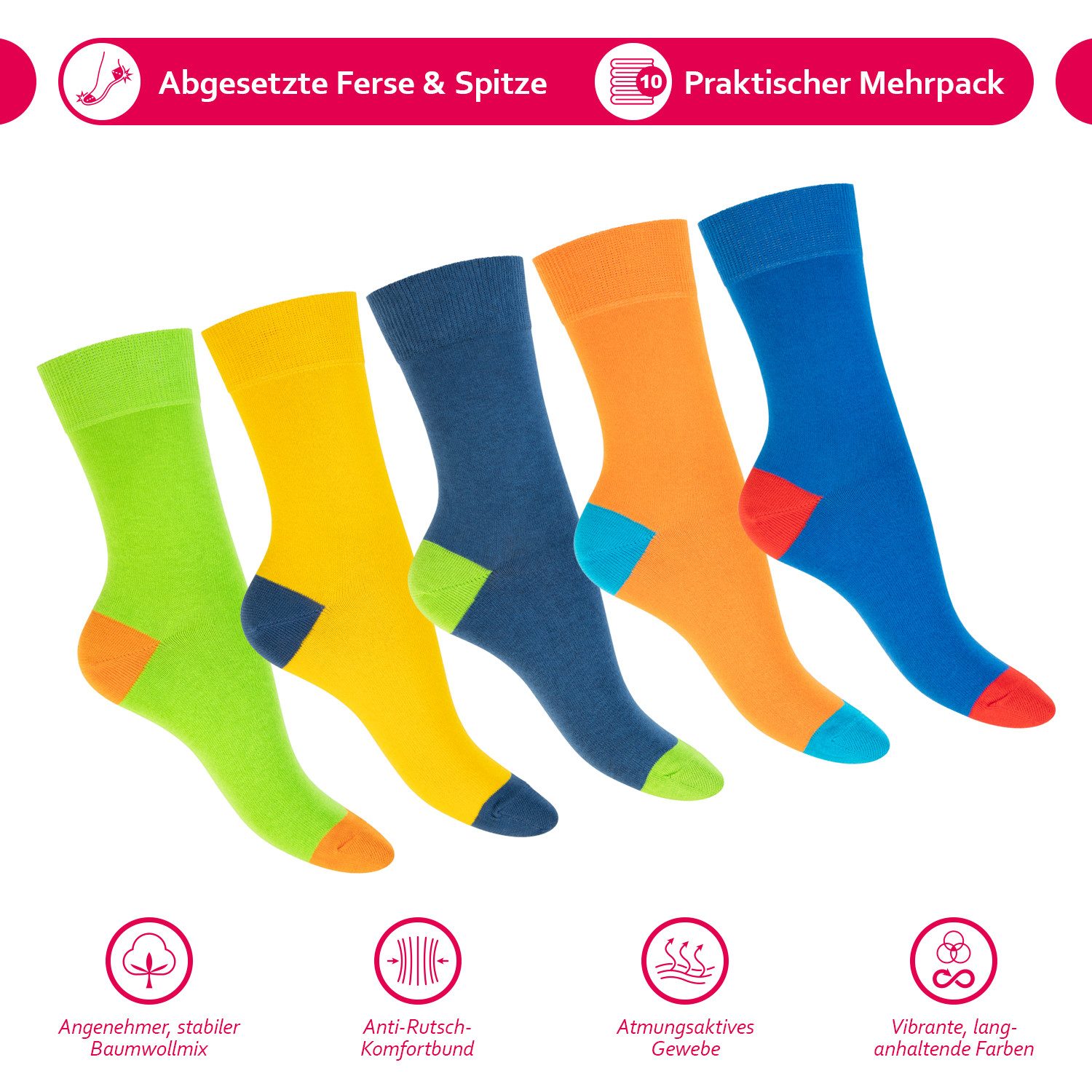 Footstar Basicsocken Damen & Herren Baumwollsocken abgesetzte Ferse/Spitze (10 Paar)