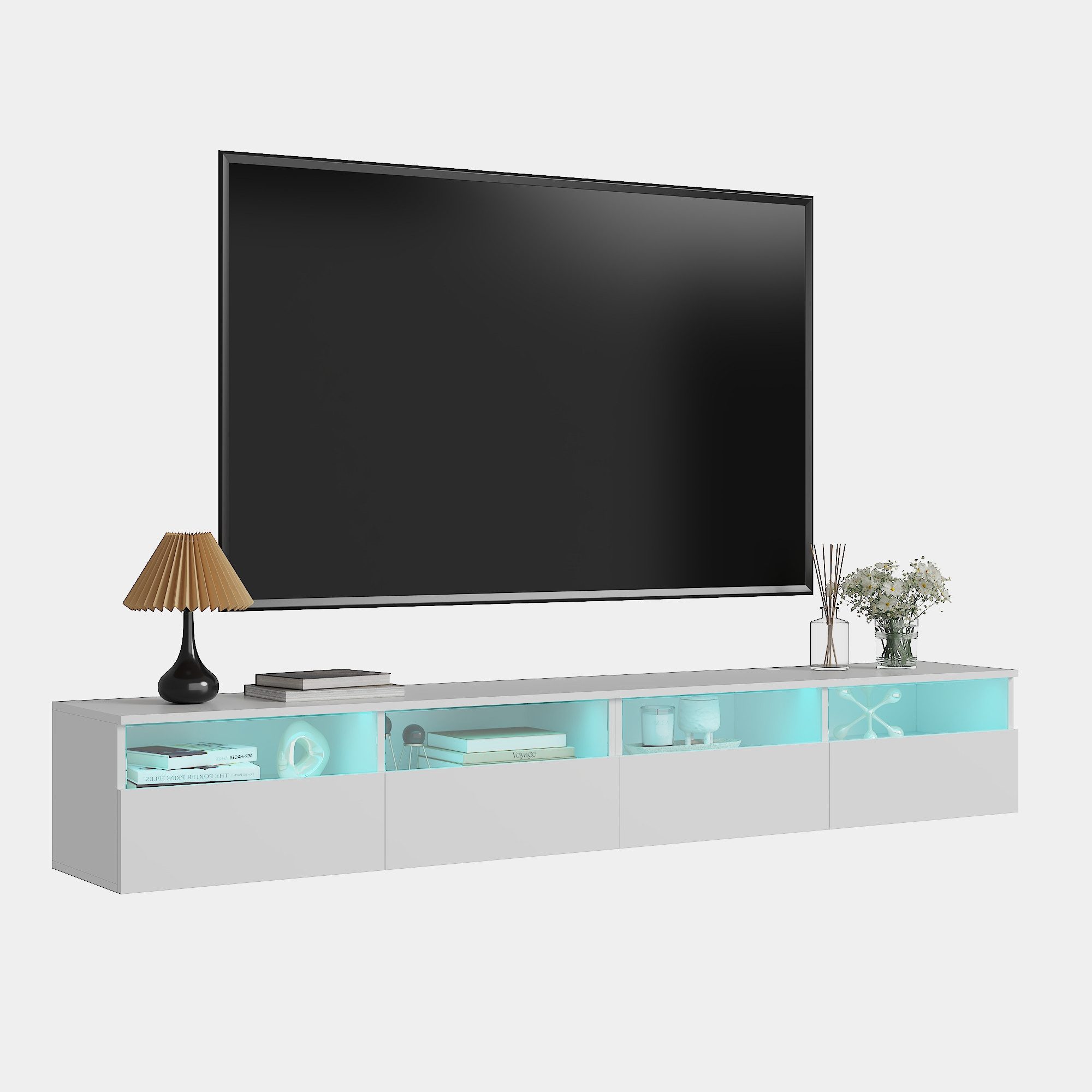 radelldar Lowboard mit LED-Beleuchtung, TV-Schrank, hängend, 200 cm breit, grifflose TV-Board, 4 Schubladen mit Acryl