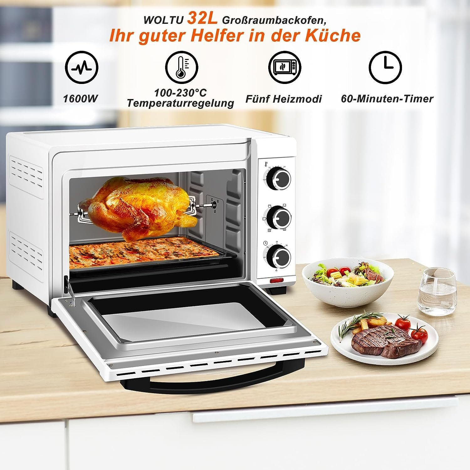 Woltu Minibackofen, 32 Liter, 1600 Watt Herausnehmbares Krümelblech mit Timer