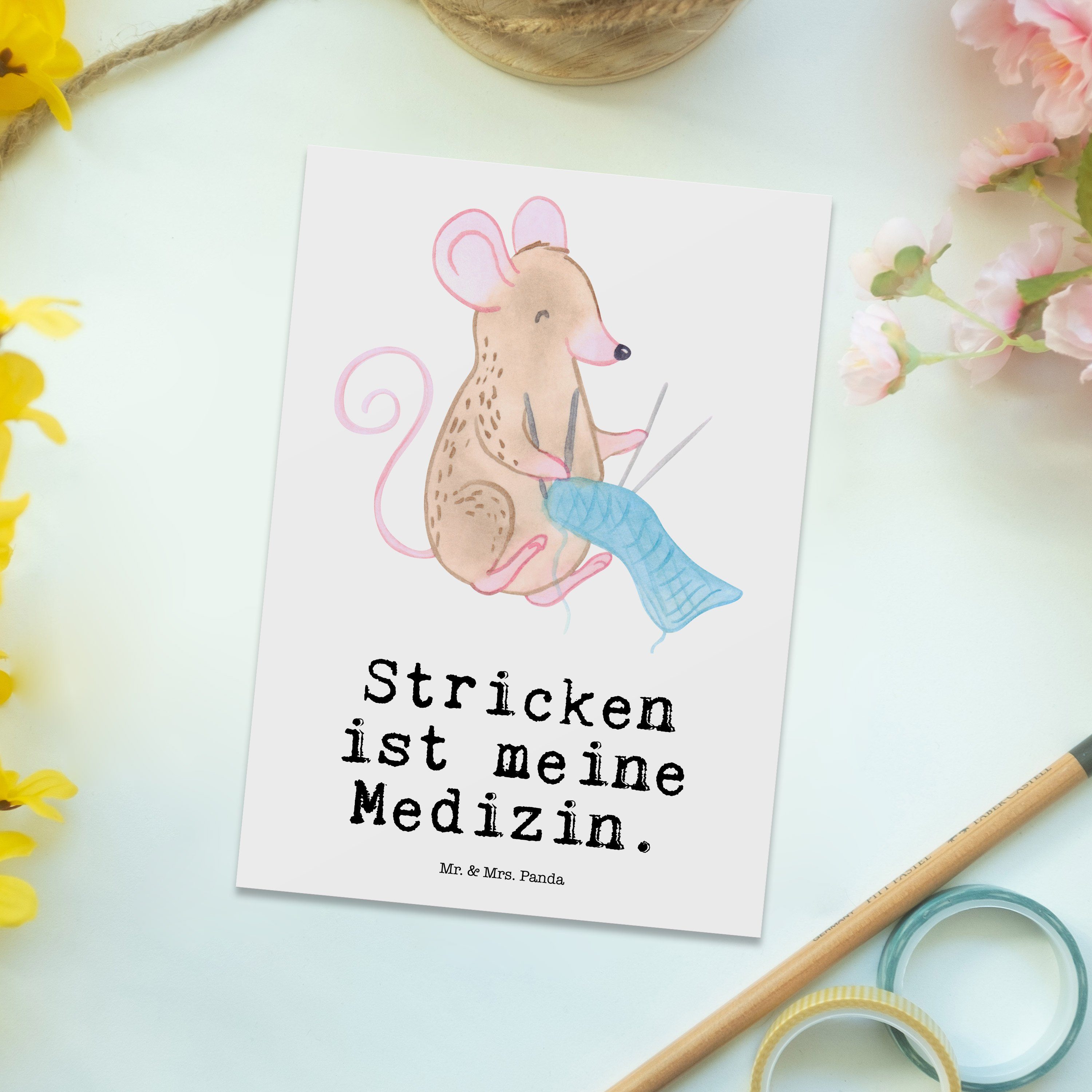 Maus Weiß Mrs. Einladungskarte, Geschenk, Postkarte Panda - Stricken & Mr. Medizin - Dankeskarte
