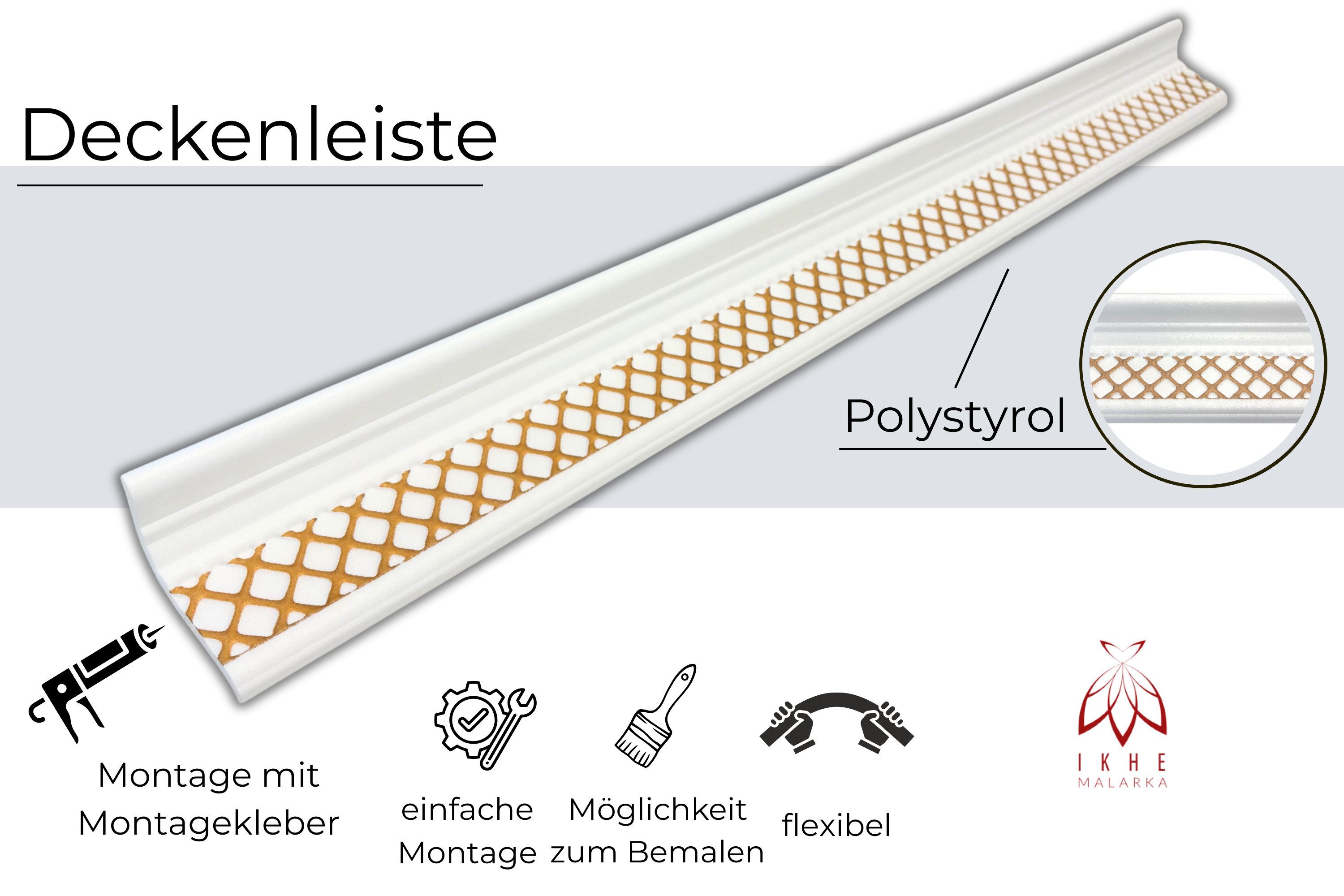 IKHEMalarka Deckenleiste Stuckleisten aus XPS Polystyrol – weiße Zierleisten 1 Meter, Kleben Montagekleber (z. B. Pattex DK Flex 1000), 1 Stück = 1 Meter Länge, – Bild 4 von 5