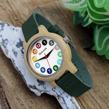 Holzwerk Quarzuhr RAINBOW GREEN bunte kleine Kinder Leder & Holz Armband Uhr, grün