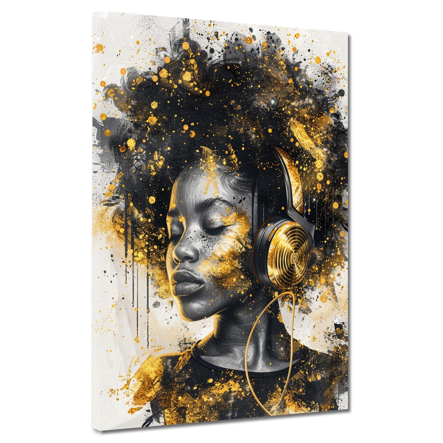 Artedinoi Leinwandbild Afrikanische Frau mit Kopfhörern Gold Modern Leinwandbild Wandbild XXL, Afrikanische Frau mit Kopfhörern
