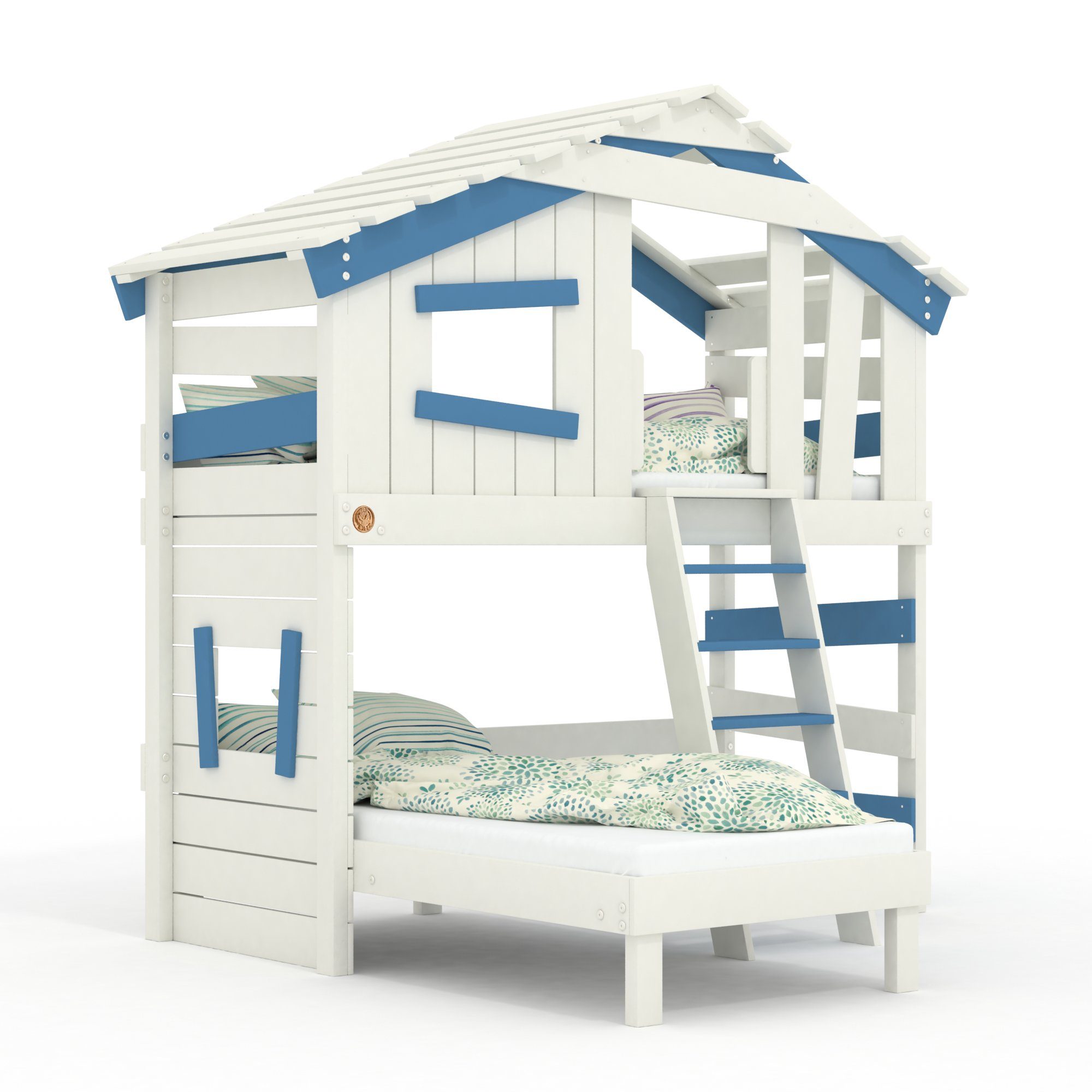 bibex Hochbett ALPIN CHALET Hochbett + Unterbett, Doppelbett, Etagenbett - Blau/Weiss