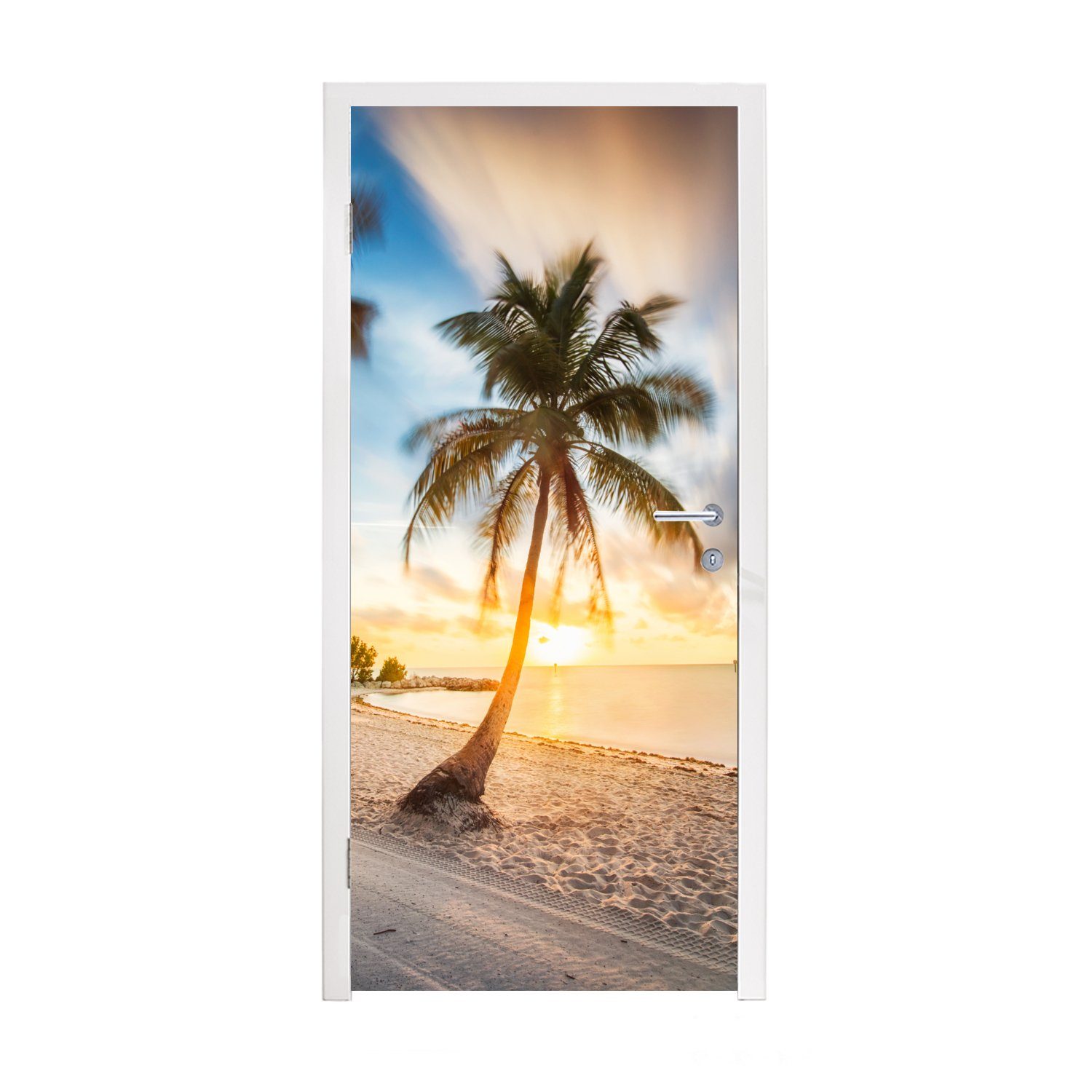 MuchoWow Türtapete Sonnenuntergang - Strand - Palme, Matt, bedruckt, (1 St), Fototapete für Tür, Türaufkleber, 75x205 cm | Türtapeten