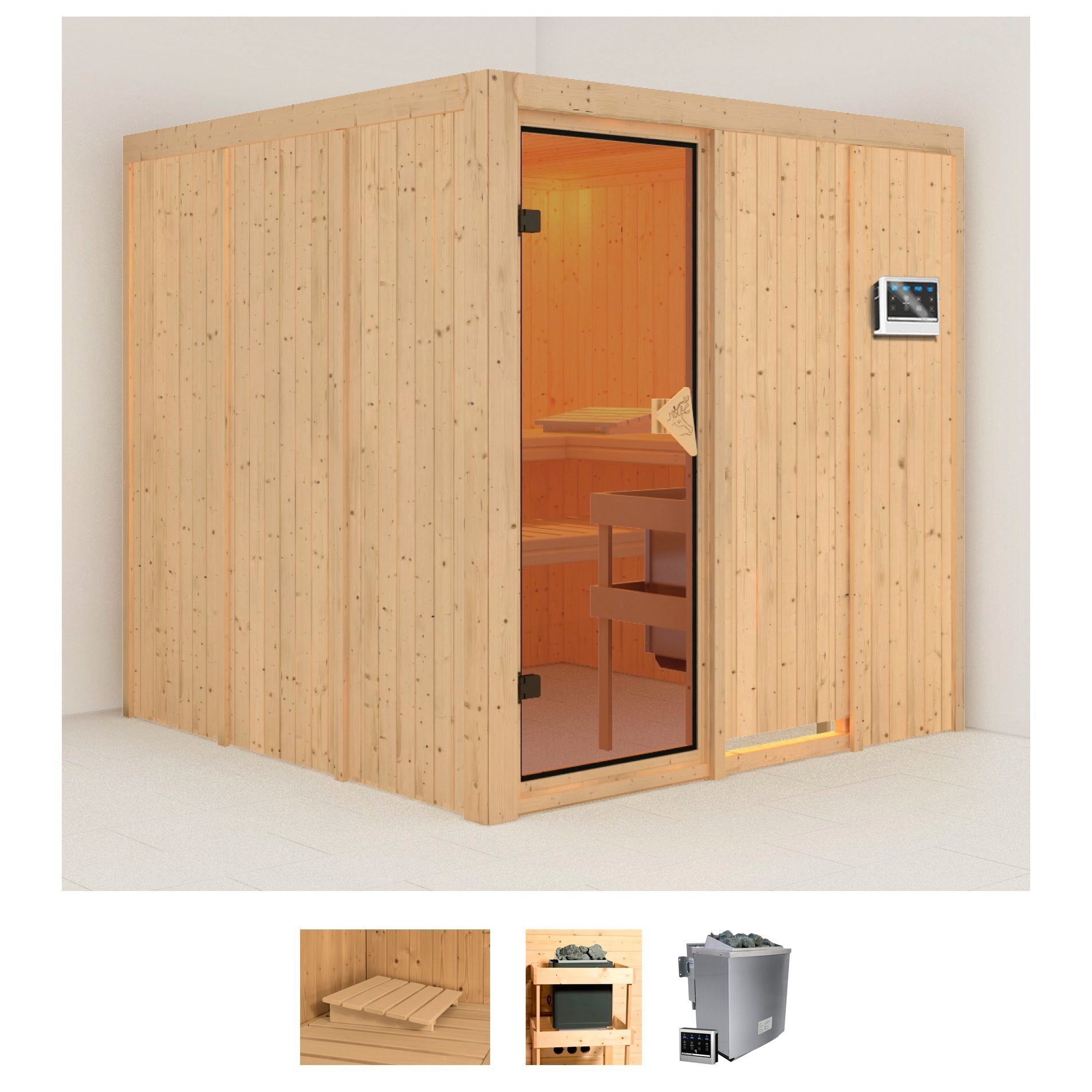 Karibu Sauna Rodin, BxTxH: 196 x 196 x 198 cm, 68 mm, (Set) Ofen 9 kW Bio externe Strg easy
