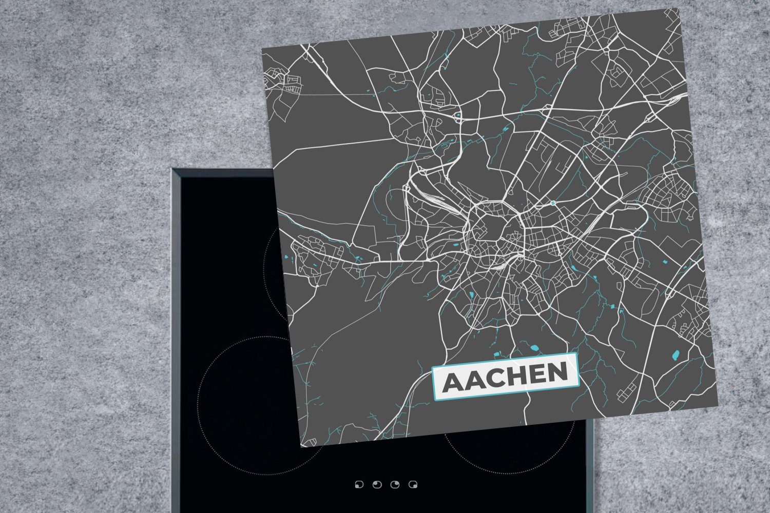 - 78x78 Arbeitsplatte Herdblende-/Abdeckplatte cm, küche Karte - - (1 Deutschland Ceranfeldabdeckung, MuchoWow Blau Aachen, - tlg), für Vinyl, Stadtplan