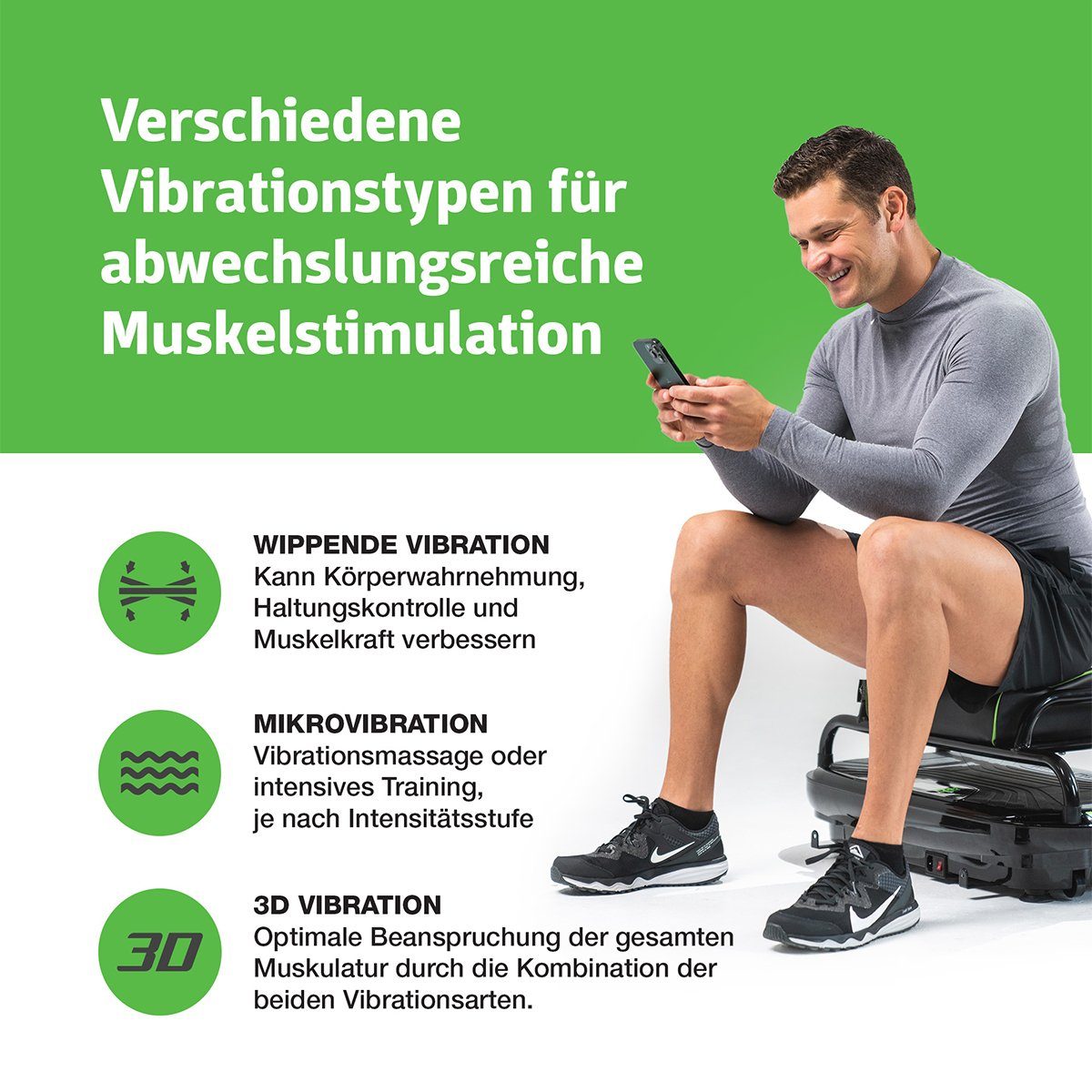 Donnerberg Vibrationsplatte Sport MP-999 SET, 32 Intensitätsstufen, (2 tlg), 3 Vibrationsarten + Zubehör für Ganzkörpertraining + Sitz