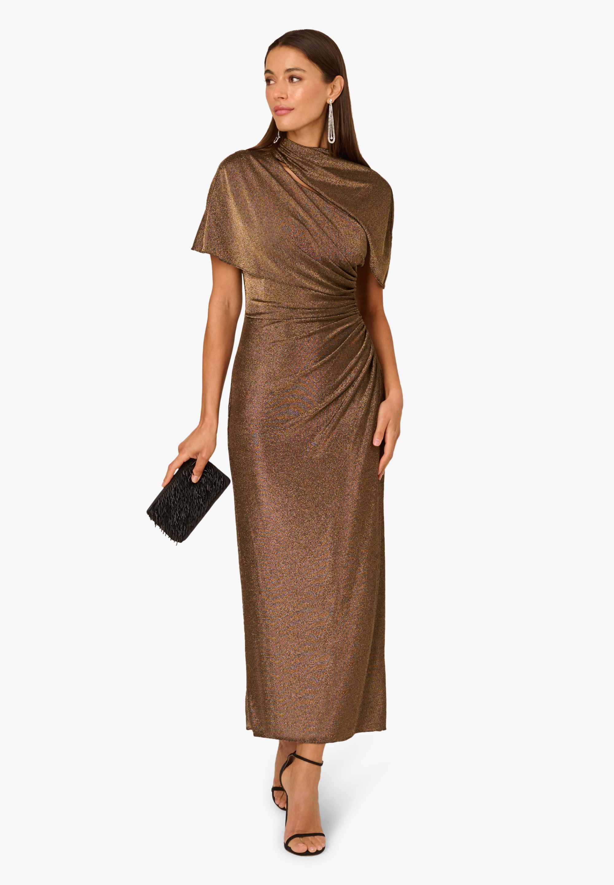 Adrianna Papell Strickkleid Metallic Knit Long Dress Figurbetontes Kleid aus metallischem Strick mit Rüschen und Cape-Ärmel