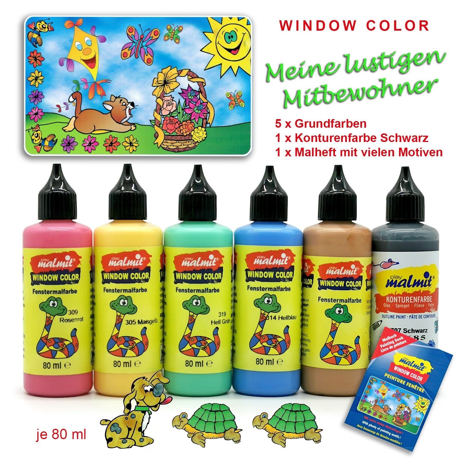 creative malmit® Sticker Window Color Mitbewohner 6er Set Fensterfarben Malfarben Fensterbild, (6-tlg)