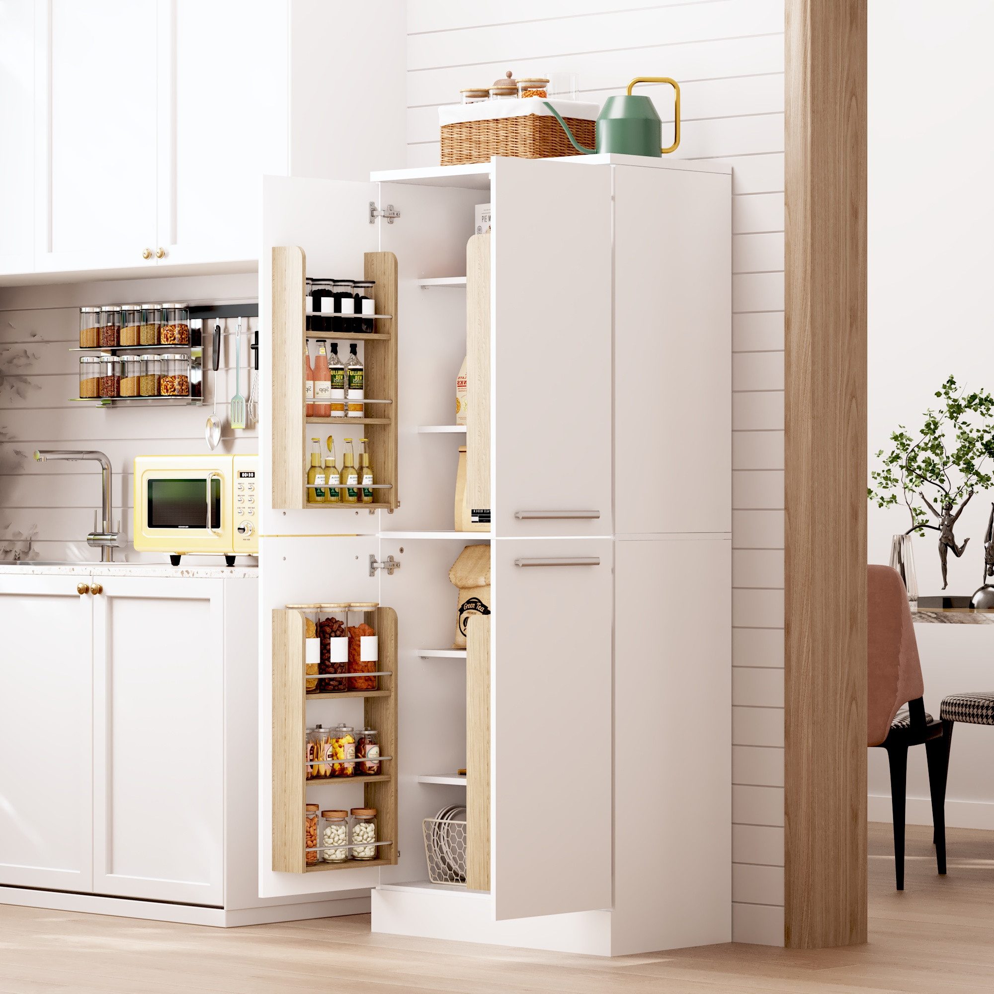 MODFU Küchenbuffet 76x180x42 cm Geräumiger Vorratsschrank mit stabilen Metallgriffen (Packung, 1-St., Pantryschrank in Weiß, 4 Türen, verstellbare Einlegeböden) Inkl. Kippsicherung, ideal für Küche, Speisekammer & Esszimmer