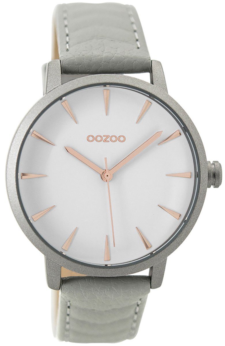 OOZOO Quarzuhr Oozoo Damen Armbanduhr grau, Damenuhr rund, groß (ca. 40mm) Lederarmband, Fashion-Style