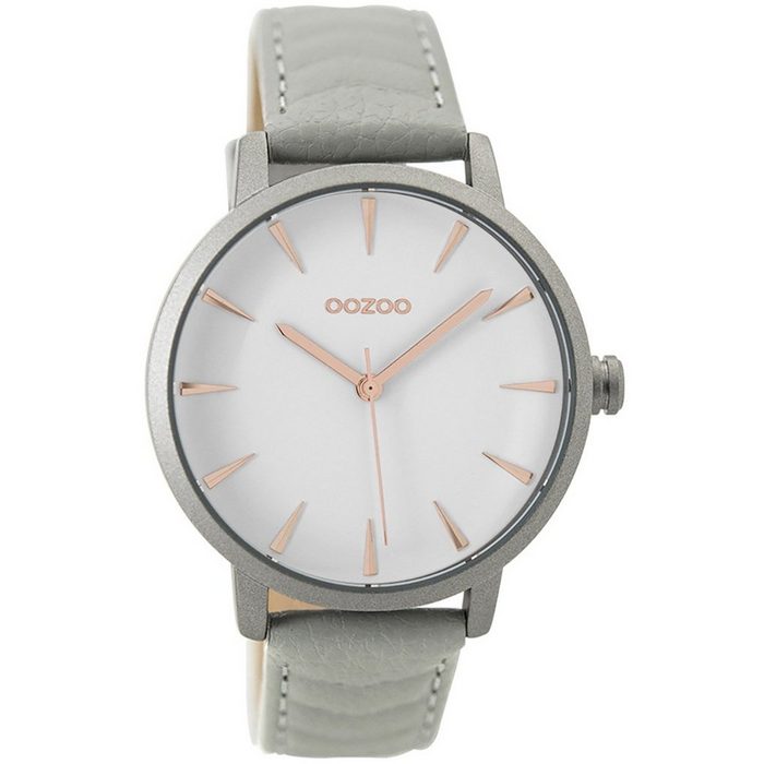 OOZOO Quarzuhr Oozoo Damen Armbanduhr grau (Armbanduhr) Damenuhr rund groß (ca. 40mm) Lederarmband Fashion-Style