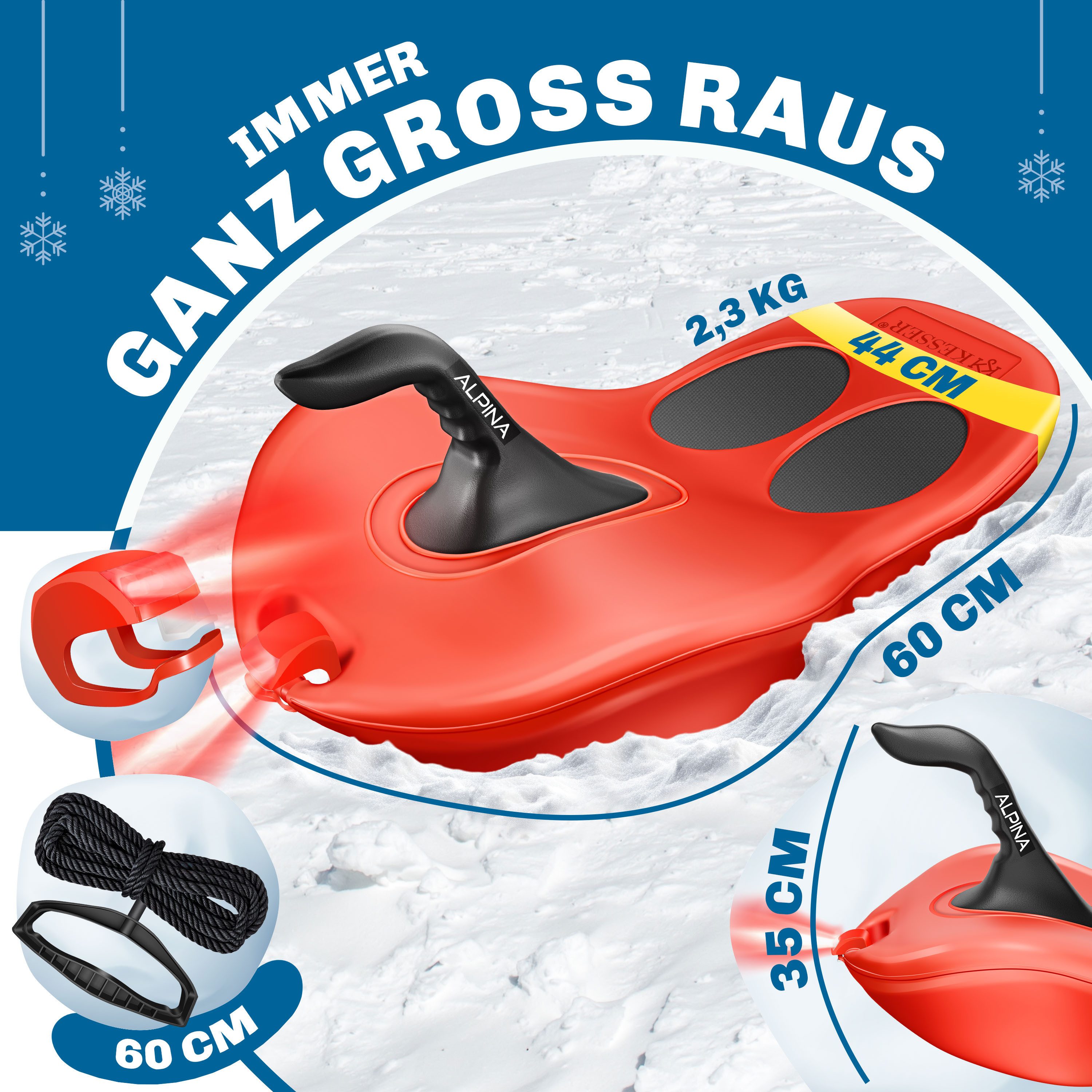 KESSER Bob, Bob Schneebob Alpina Mit LED Licht inkl. Zugseil Schlitten