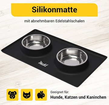 Huskl Napfunterlage + 2x Fressnapf Set, Schwarz für Hunde und Katzen