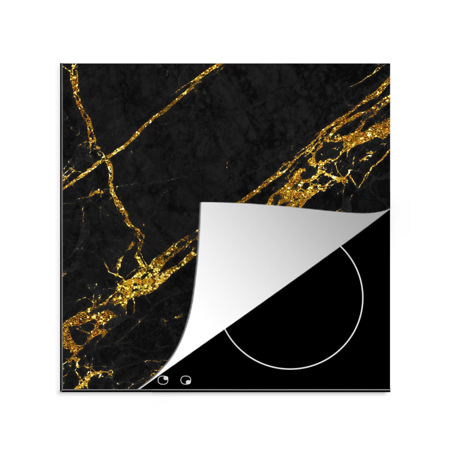 MuchoWow Herdblende-/Abdeckplatte Marmor - Gold - Schwarz - Hip, Vinyl, (1 tlg), 78x78 cm, Ceranfeldabdeckung, Arbeitsplatte für küche