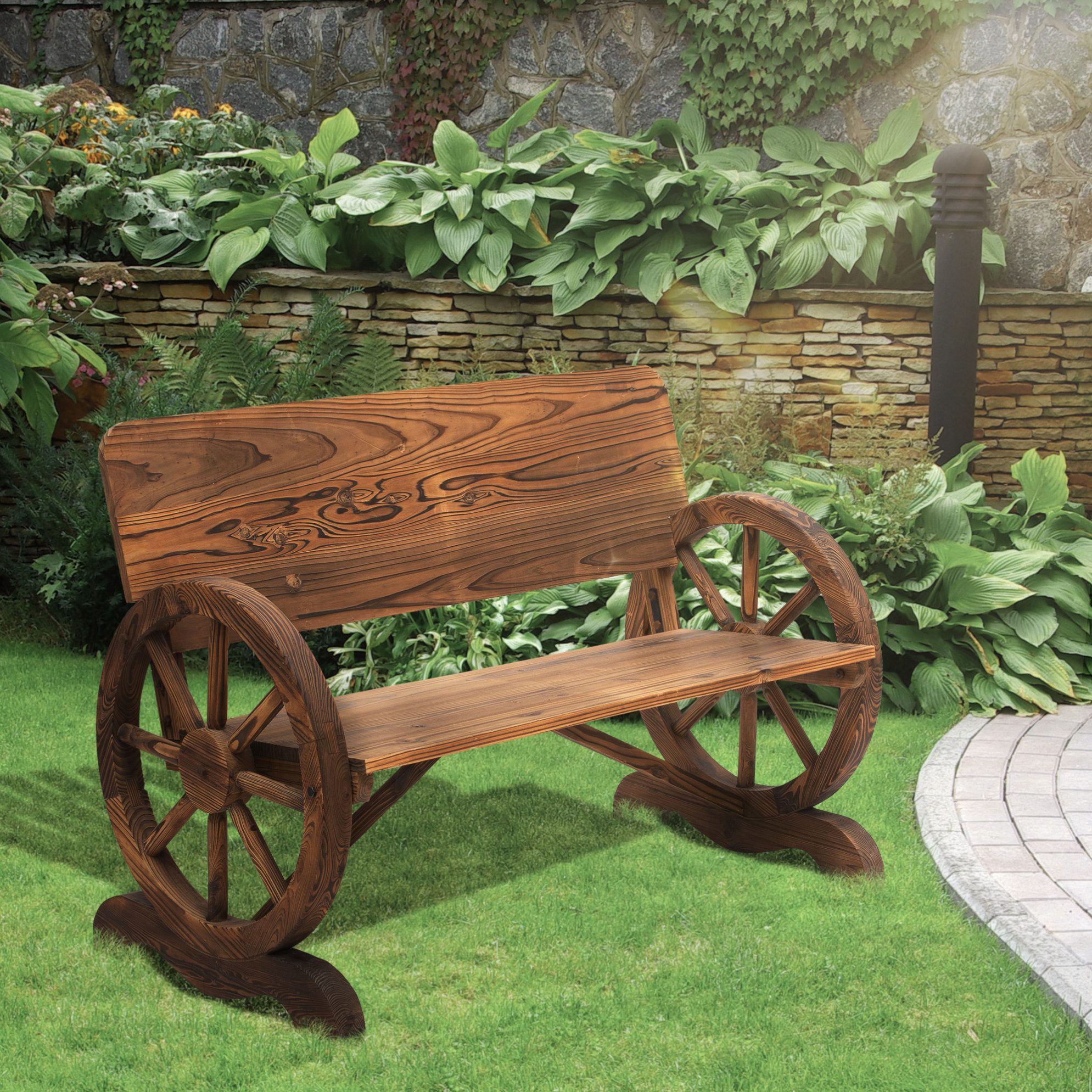 OKWISH Gartenbank Gartenstuhl 2-Sitzer Gartenbank Massivholz 114x58x80 cm Braun Rustikal (Packung, 1-St., Gartenmöbel bis 250 kg belastbar für Terrasse & Outdoor Bereich), Sitzbank mit Armlehne & Wagenräder-Design, stabile Holzkonstruktion