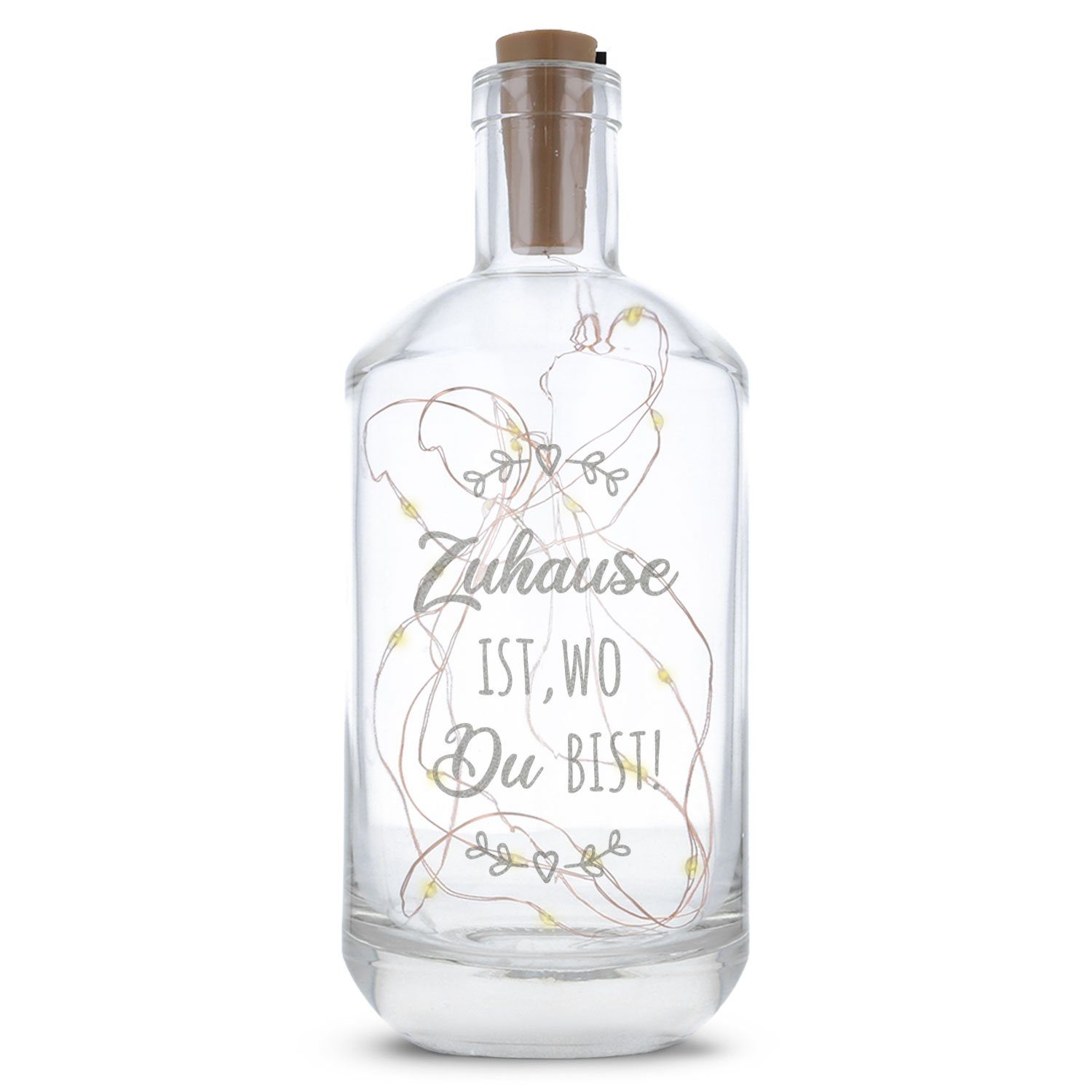 GRAVURZEILE Lichterkette Flasche mit Gravur - Zuhause ist wo du bist, 20 LEDs Lichterkette mit Schalter am Korken Drahtlichterkette